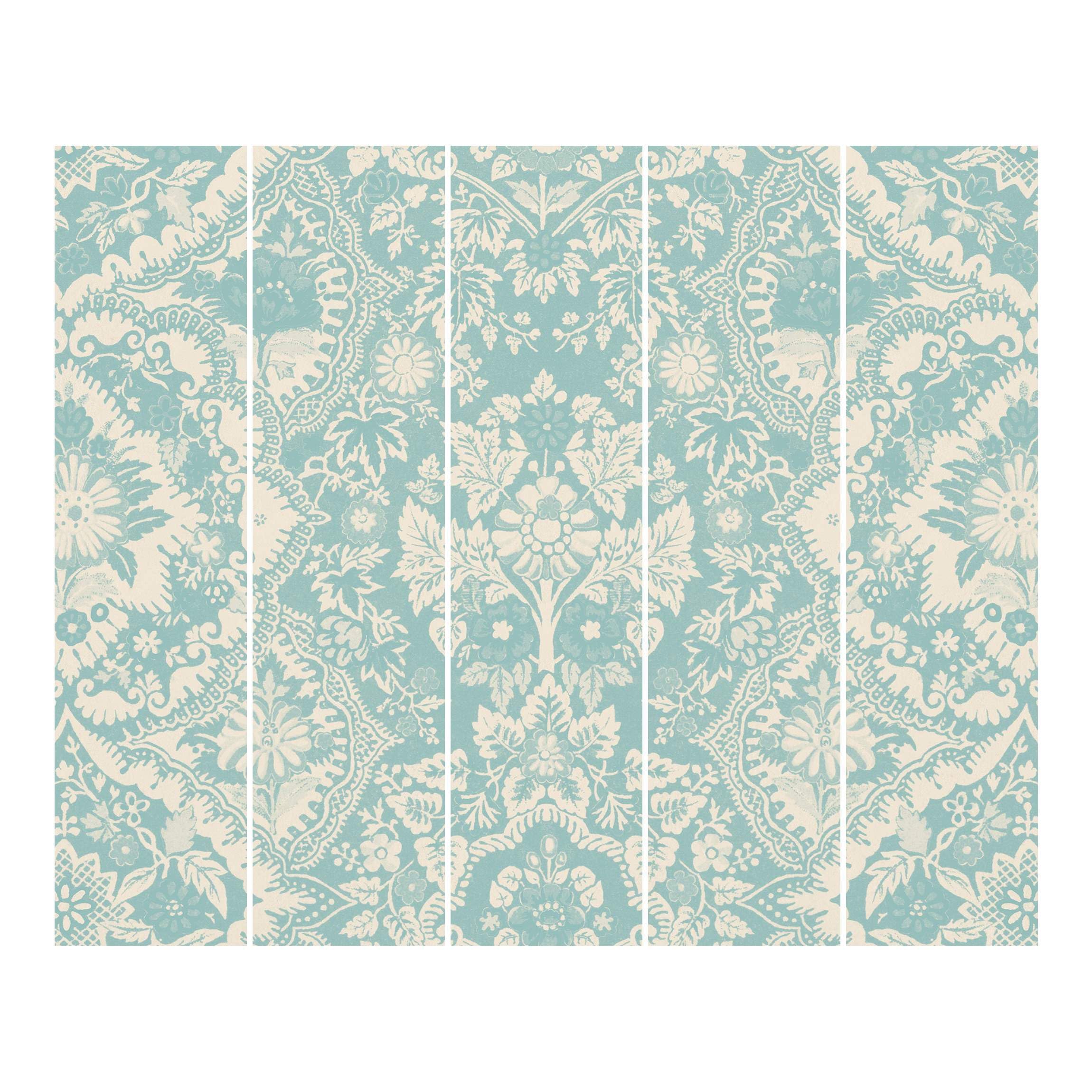 Schiebegardine halbtransparent 60er Paneel Klett Muster Textil lichtdurchlässig - Ornamente Landhaus Flächenvorhang türkis Wohnzimmer Schlafzimmer 2475 (300x250 cm - 5er Set)