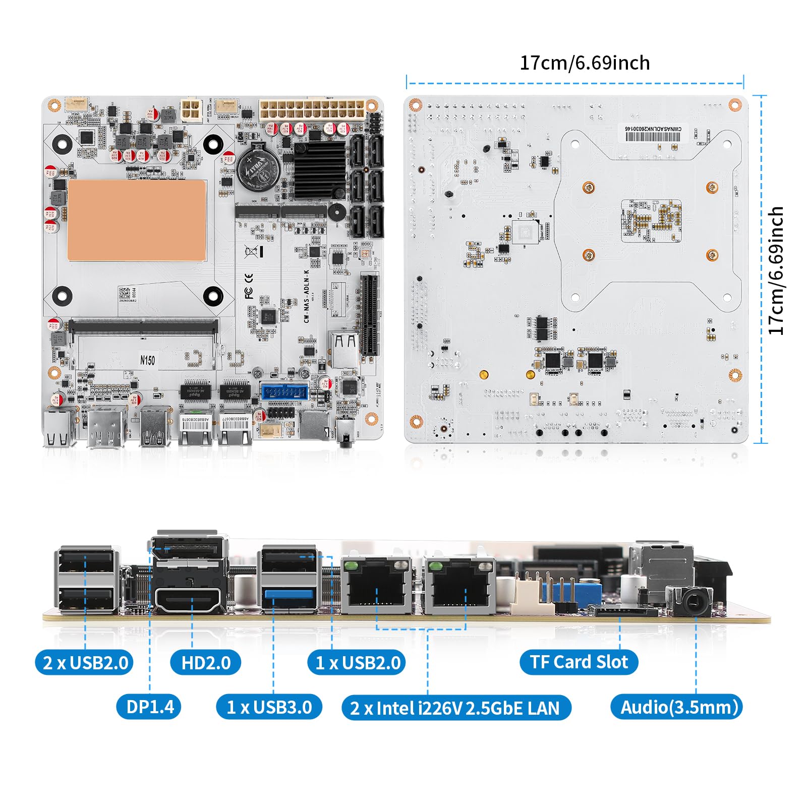 CWWK N150 Mini ITX NAS Placa Base, 6-Bay, Blanco, PCIe 3.0 x4 Slot, 2X NVMe | M2 Motherboard 4C/4T, 2x 2.5GbE i226-V LAN, TF, HD2.0, DP1.4, 6x SATA3, para Virtualización, NAS, Firewall, Home Lab