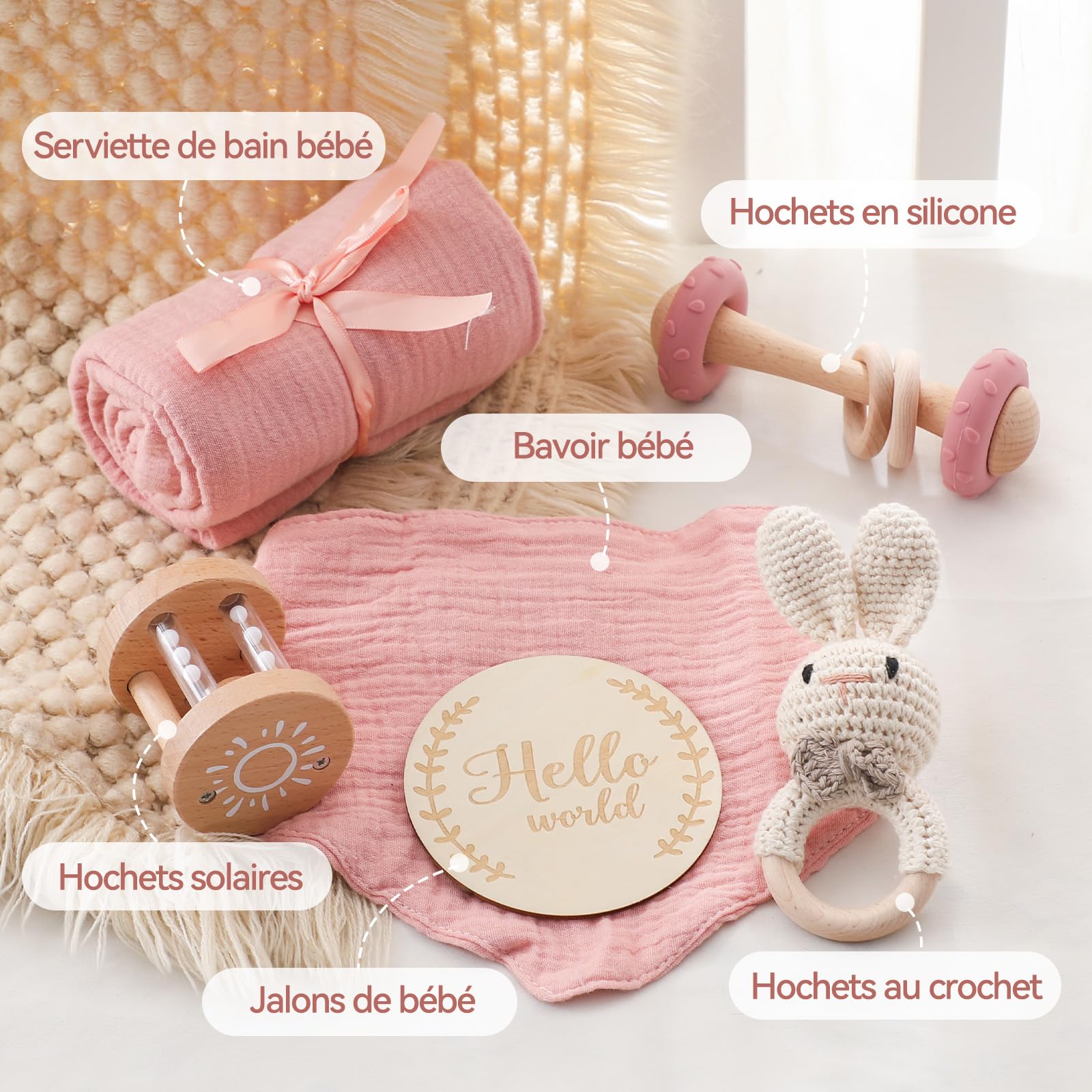 Cadeau pour nouveau-né, 6 pièces, pour bébé fille garçon – Serviettes de bain, bavoirs, jouets en bois, hochet lapin au crochet et cartes de jalons, emballage cadeau (rose)