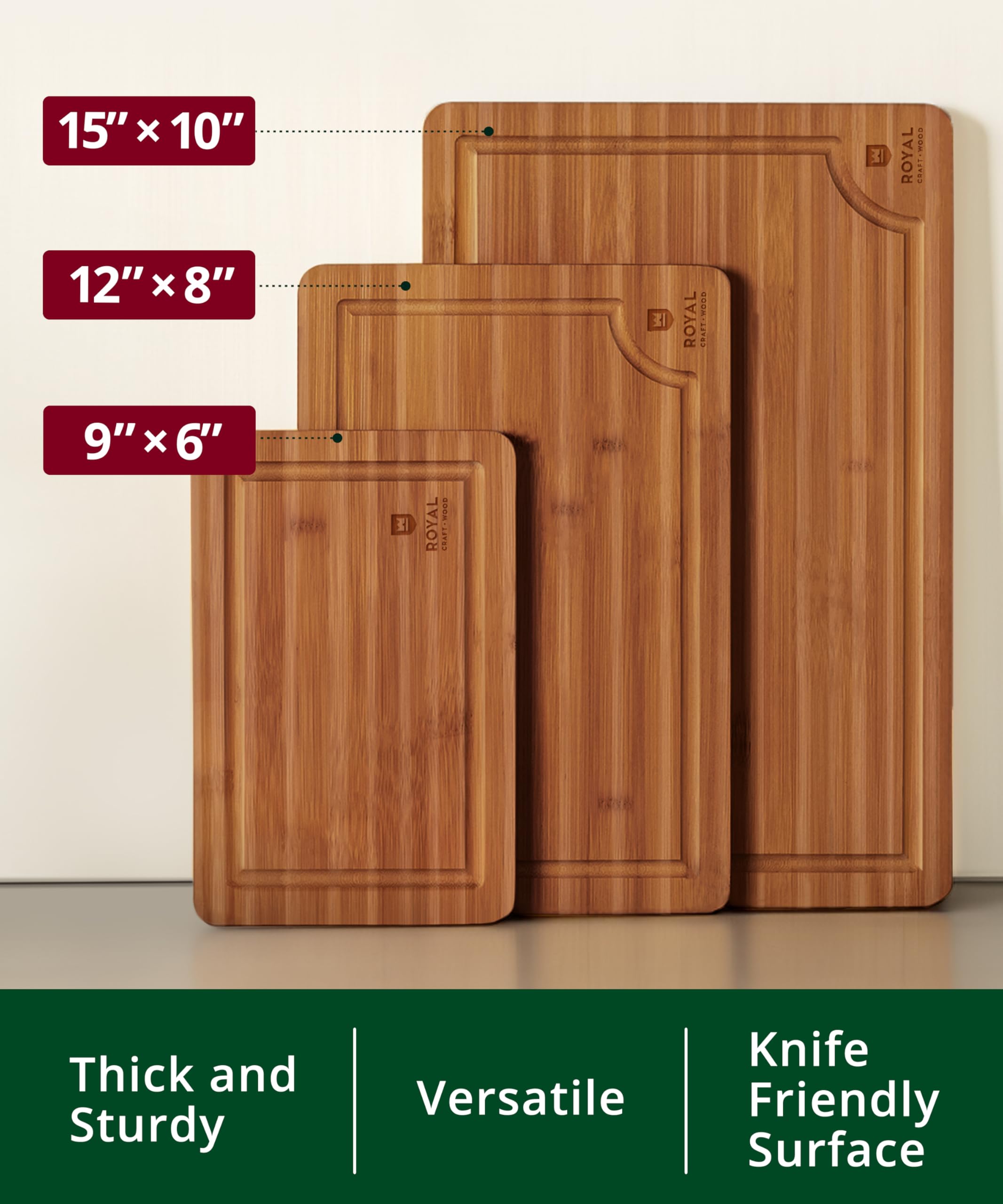 ROYAL CRAFT WOOD Wooden Cutting Boards for Kitchen Meal Prep & Serving - Bamboo Wood Serving Board Set with Deep Juice Groove Side Handles - Charcuterie & Chopping Butcher Block for Meat (3 Pcs)
