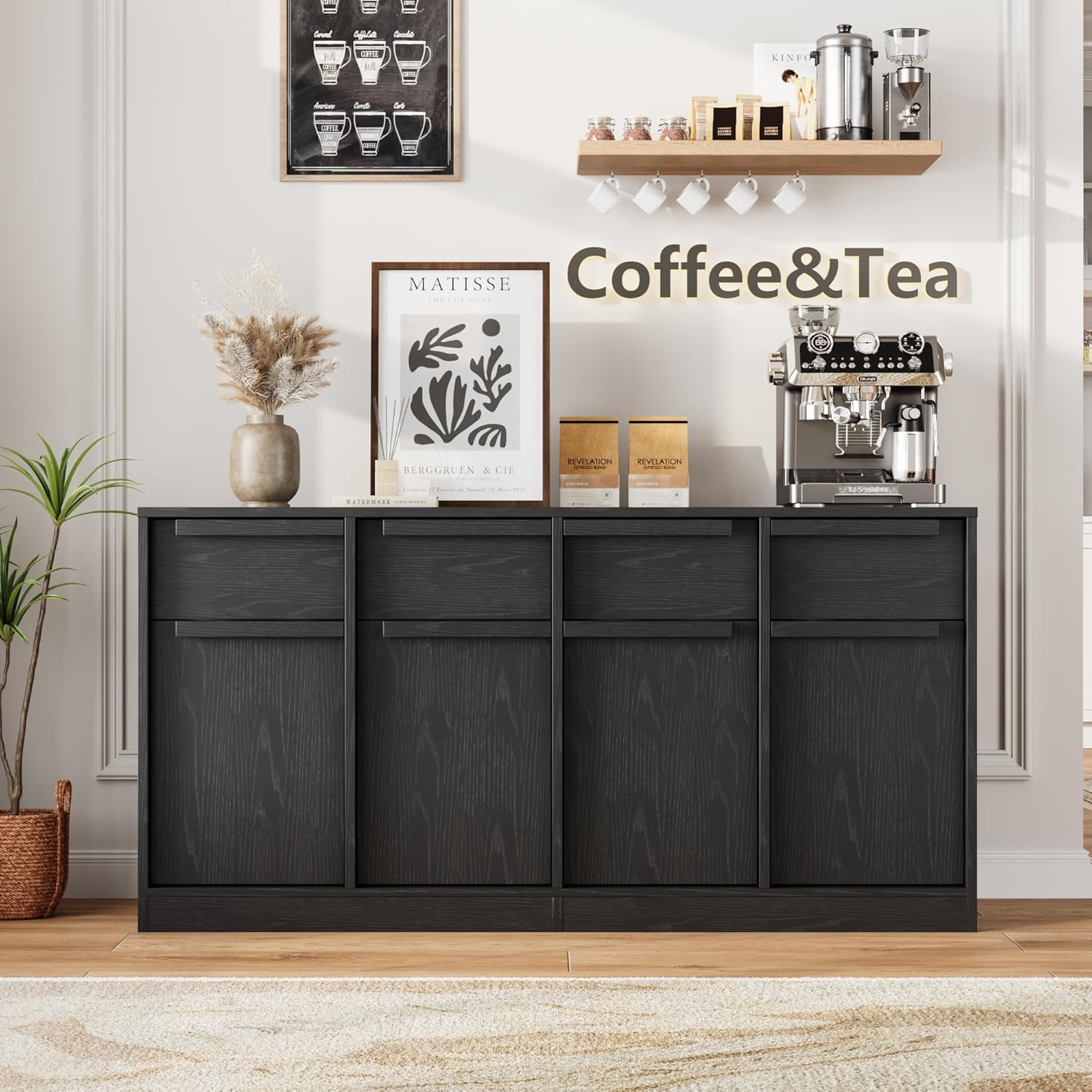 CABIHOME Buffet Cabinet with Drawers, 62.4" Large Sideboard Buffet Storage Cabinet with Shelves and Doors, Modern Wood Kitchen Table for Dining Room Living Room (Black,4 Doors & 4 Drawers