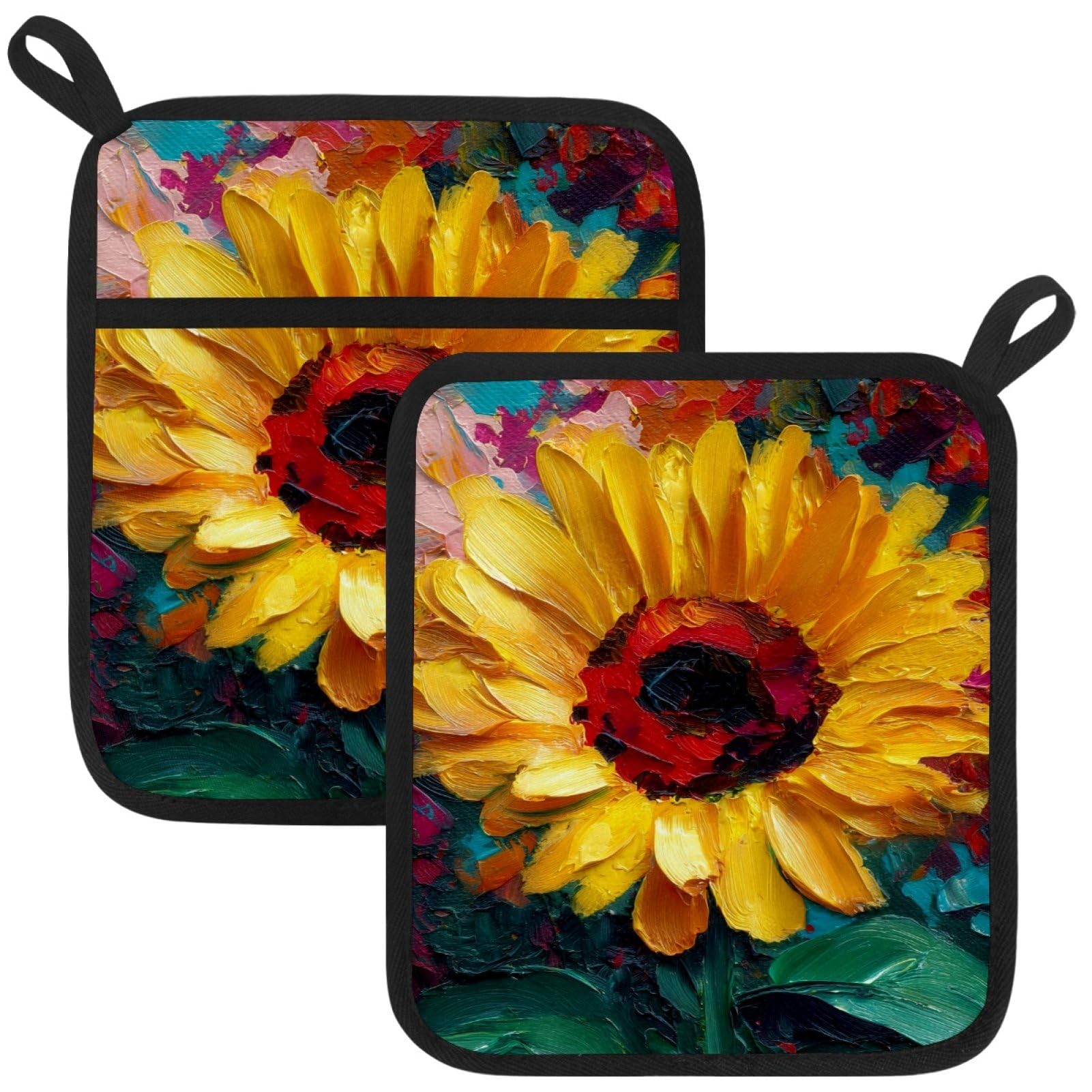 VAPOKF Sunflowers Floral Heat Resistant Pot Holders, Thick Pot Holders Pad with Hanging Loop for Kitchen, Oven Cloth Pads for Kitchen Baking Microwave Oven