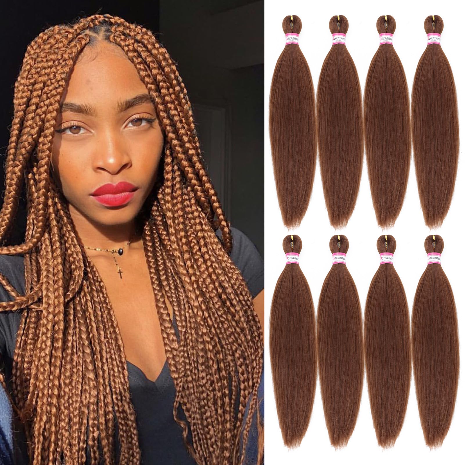 Dorsanee Brown Braiding Hair Pre Stretched 20 Inch 8 Packs Braiding Hair Extensions for Crochet Box Braids Twists Locs Hair Soft Yaki Texture Hot