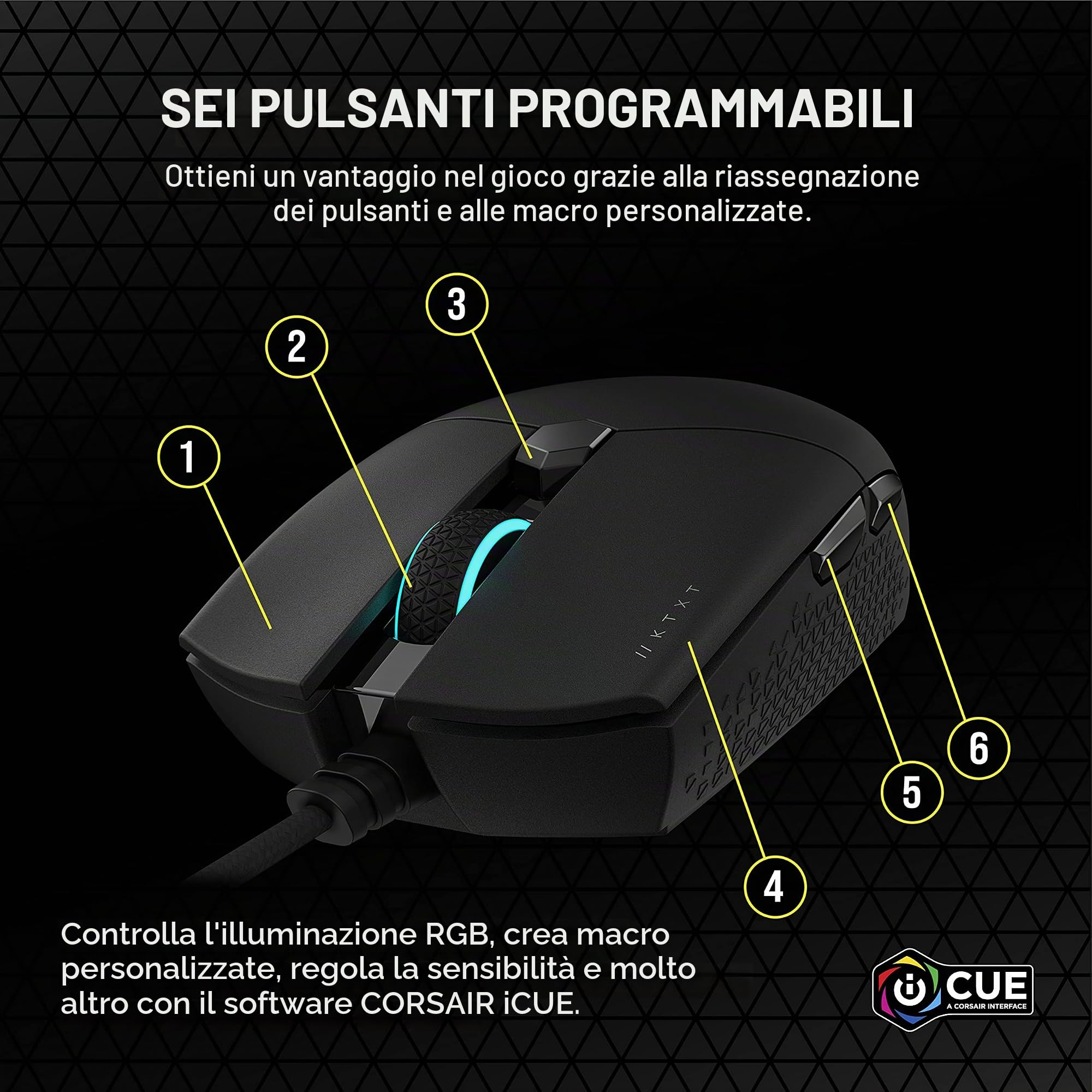Corsair Katar Pro XT - Mouse da gioco ultra leggero, sensore ottico PixArt da 18 k DPI, illuminazione con rotella di scorrimento RGB, 6 pulsanti programmabili, cavo Paracord leggero, nero
