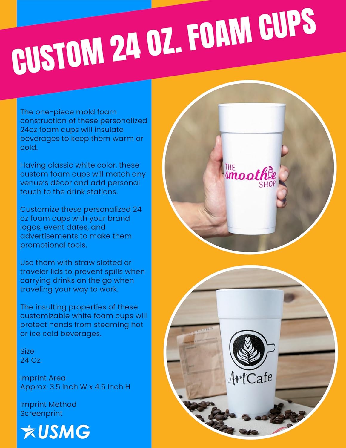 Custom 24 Oz. Styrofoam Cups with Single-Color Imprints, Perfect for Events, Business Marketing, and Restaurant Marketing. (Qty 50)