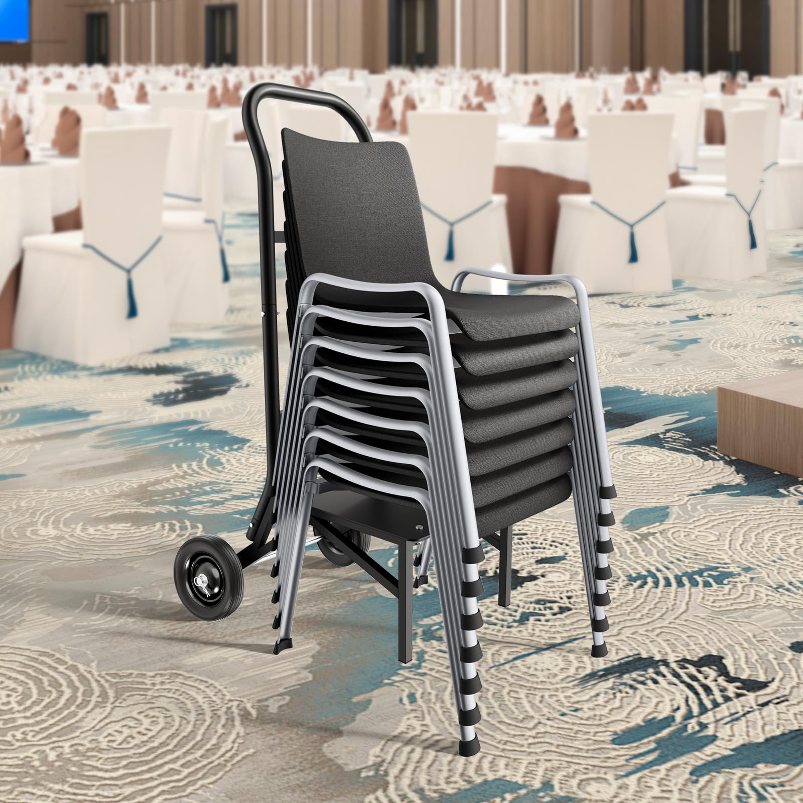 VEVOR Porta Sedie Pieghevole, Capacità di Carico 68 kg Carrello per Sedie Resistente per Impilare 10 Sedie, Carrello Porta Sedie in Metallo Multifunzione, Ruote in Gomma, Supporto per Sedia a Spinta