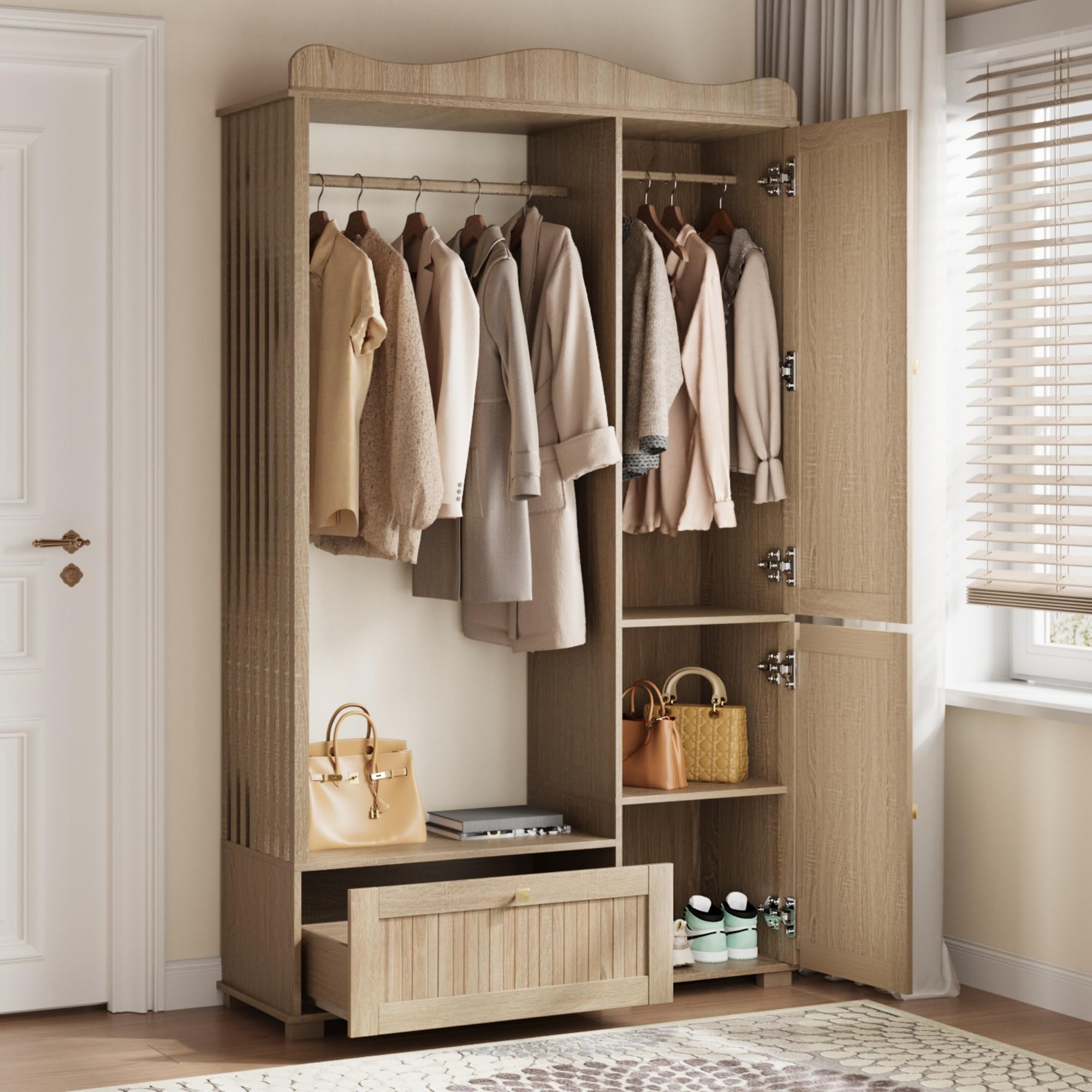 Garderobenschrank mit Spiegel, Garderobe Garderobenset mit Schublade und 2 Türen, Flurgarderobe Flur Möbel, Eichenholzfarbe, 115.5x38.5x194.5 cm