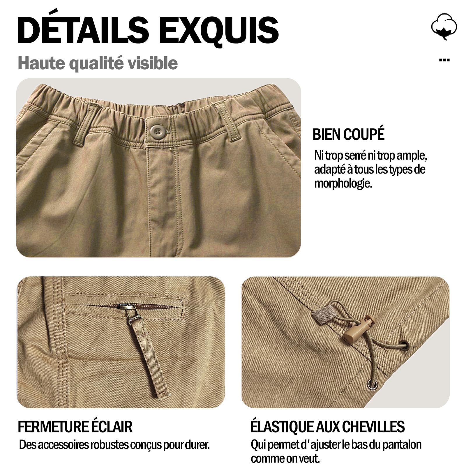 Pantalon Cargo Homme Coton avec 7 Poches Pantalon de Travail Grande Taille Elastique Tube Droit