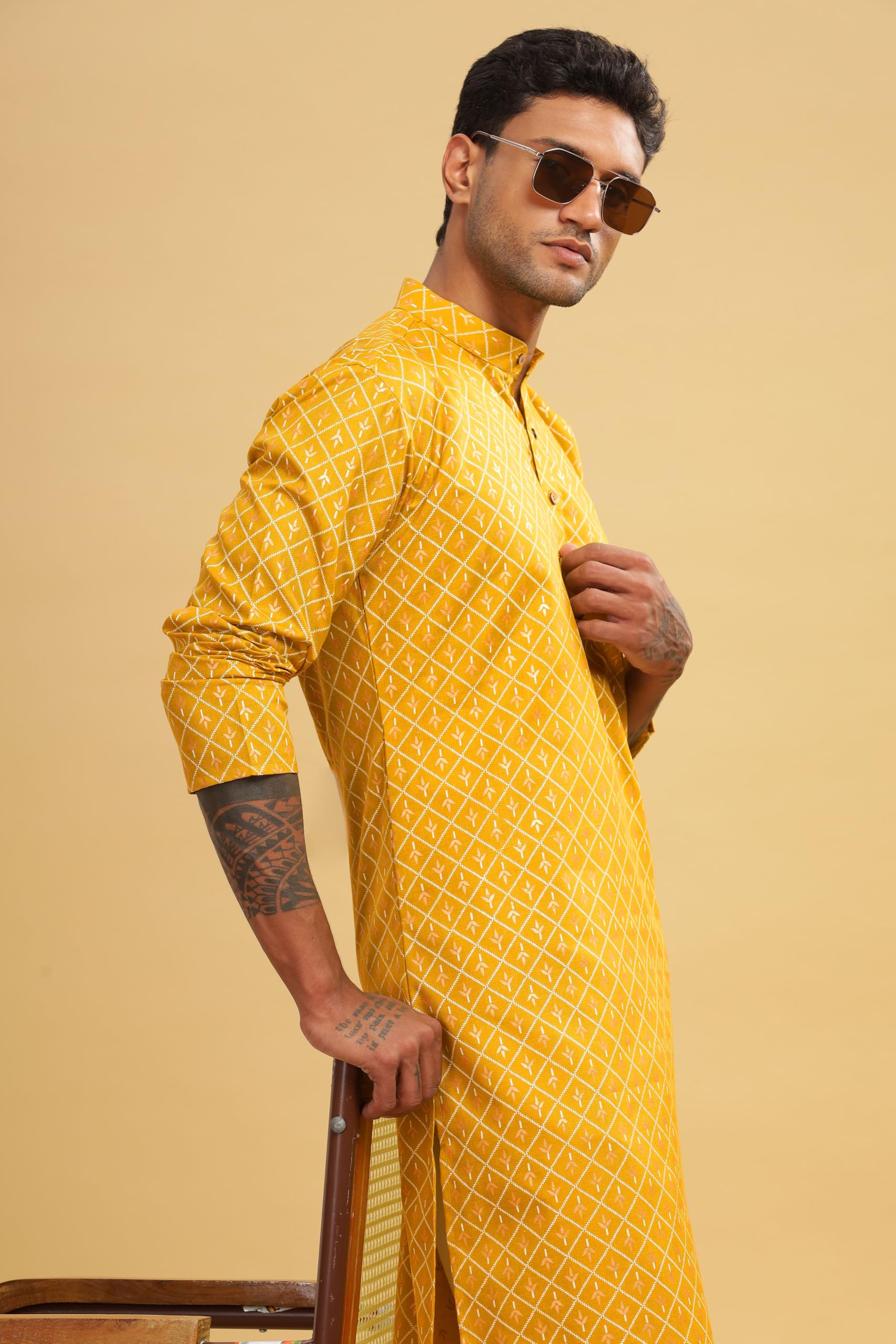 Be Active Men's Cotton Regular Kurta (C-399-2_L_Yellow)