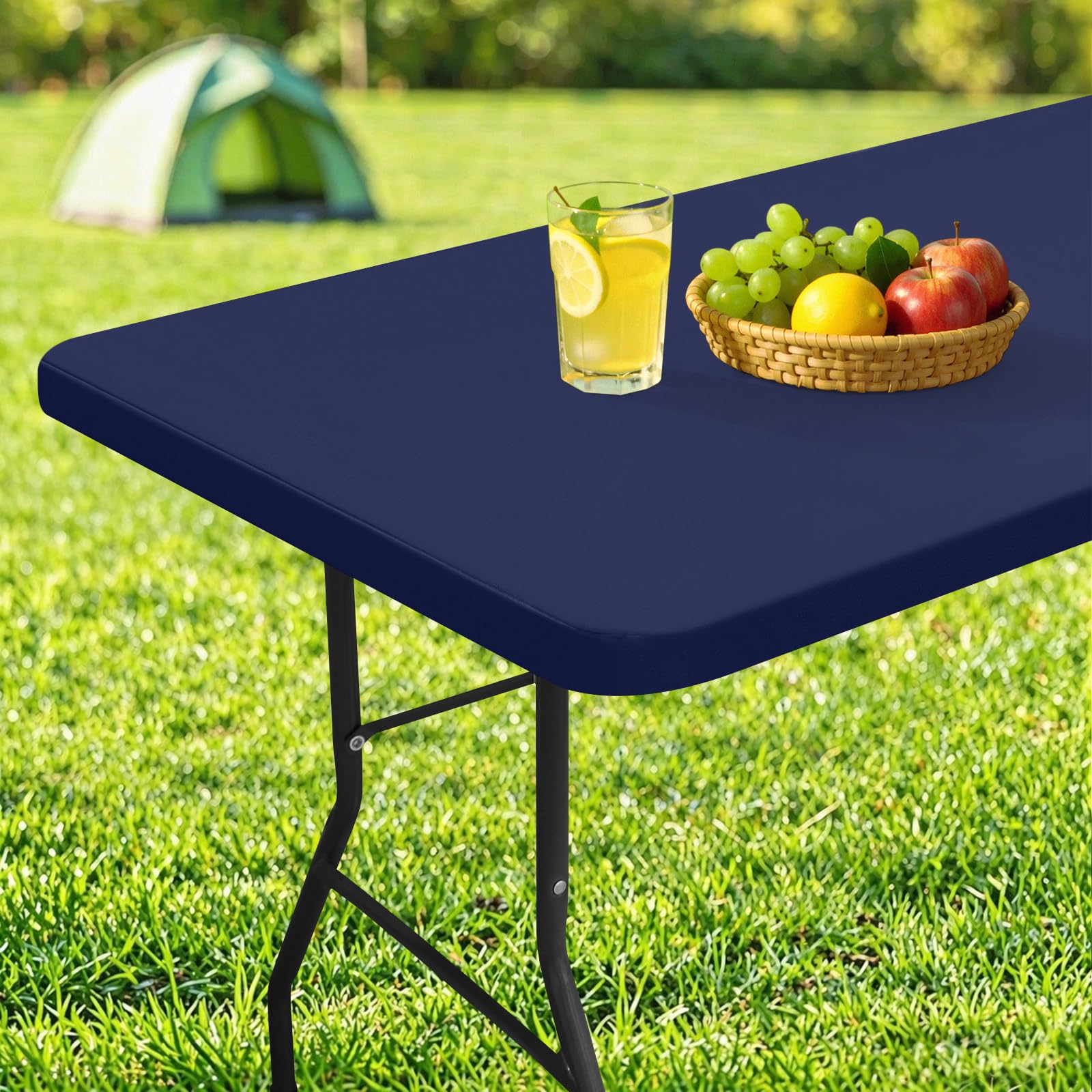 Photo 1 of homing Rectangle Table Cloth Cover, Water-Resistant Polyester Elastic Fitted Tablecloth, Fits for 6 Foot Folding Tables, Washable Table Protector for Picnic, Camping, Outdoor (Navy Blue, 30" x 72")