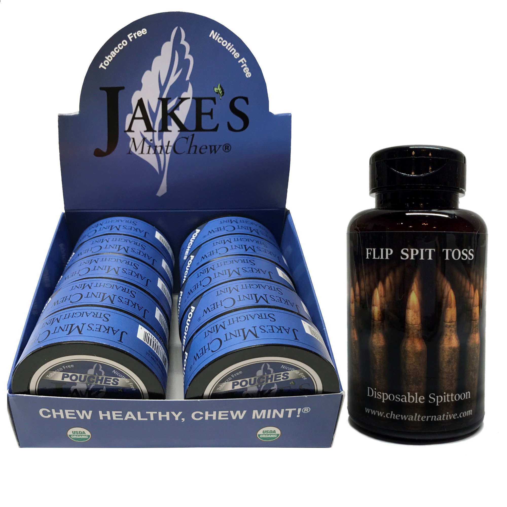 Jake's Mint Chew Straight Mint Pouch - 10 Cans - Includes Mud Bud Disposable Spittoon (Bullets MB)