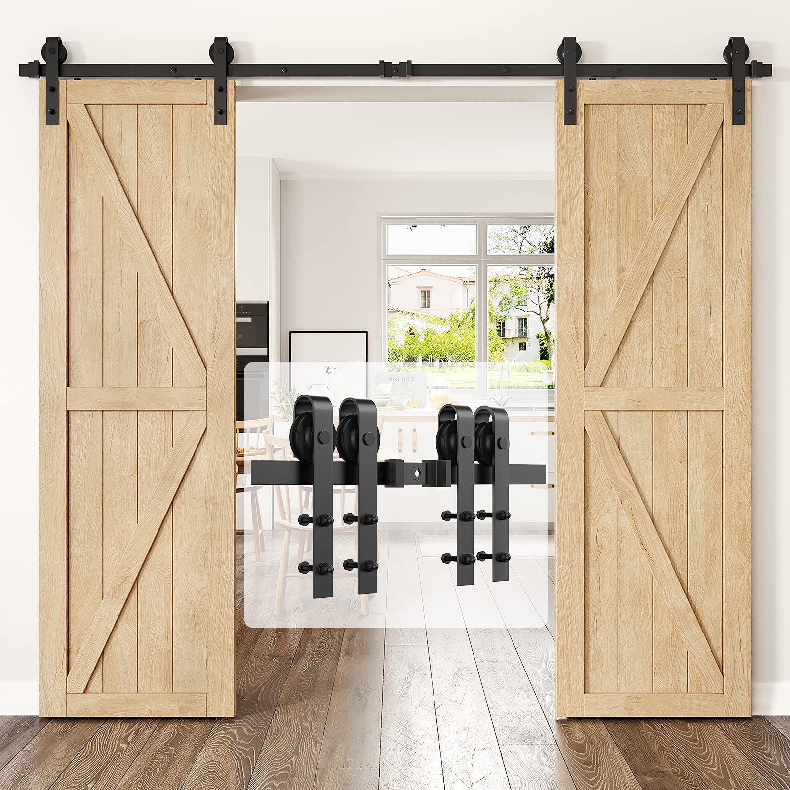 HomLux 9ft Double Door Heavy Duty Sturdy Sliding Barn Door Hardware Kit - Smoothly and Quietly - Simple and Easy to Install - Fit 1 3/8-1 3/4 inch Thickness Door Panel, Black