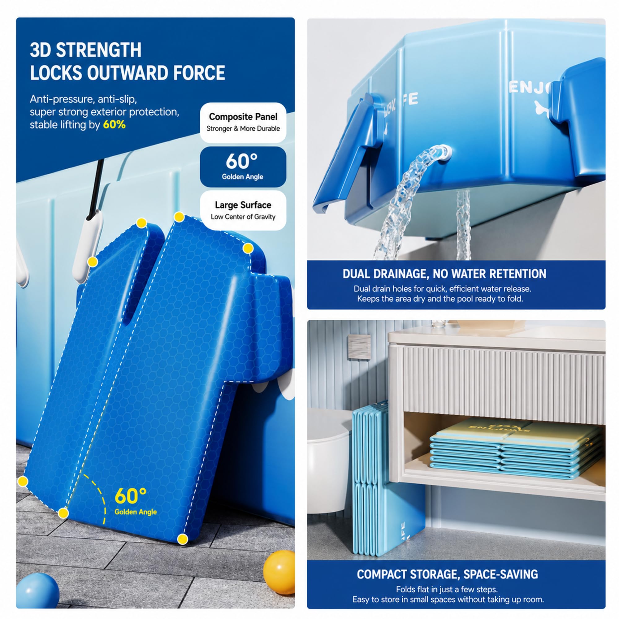 Nicht Aufblasbarer Faltbarer Pool, 5-Schichtiger Verstärkter Familienpool | PVC Faltbare Pools, 60° Halterungen & Doppelablauf, Garten Terrasse Camping Hundebad(C,1.5m/4.9ft)