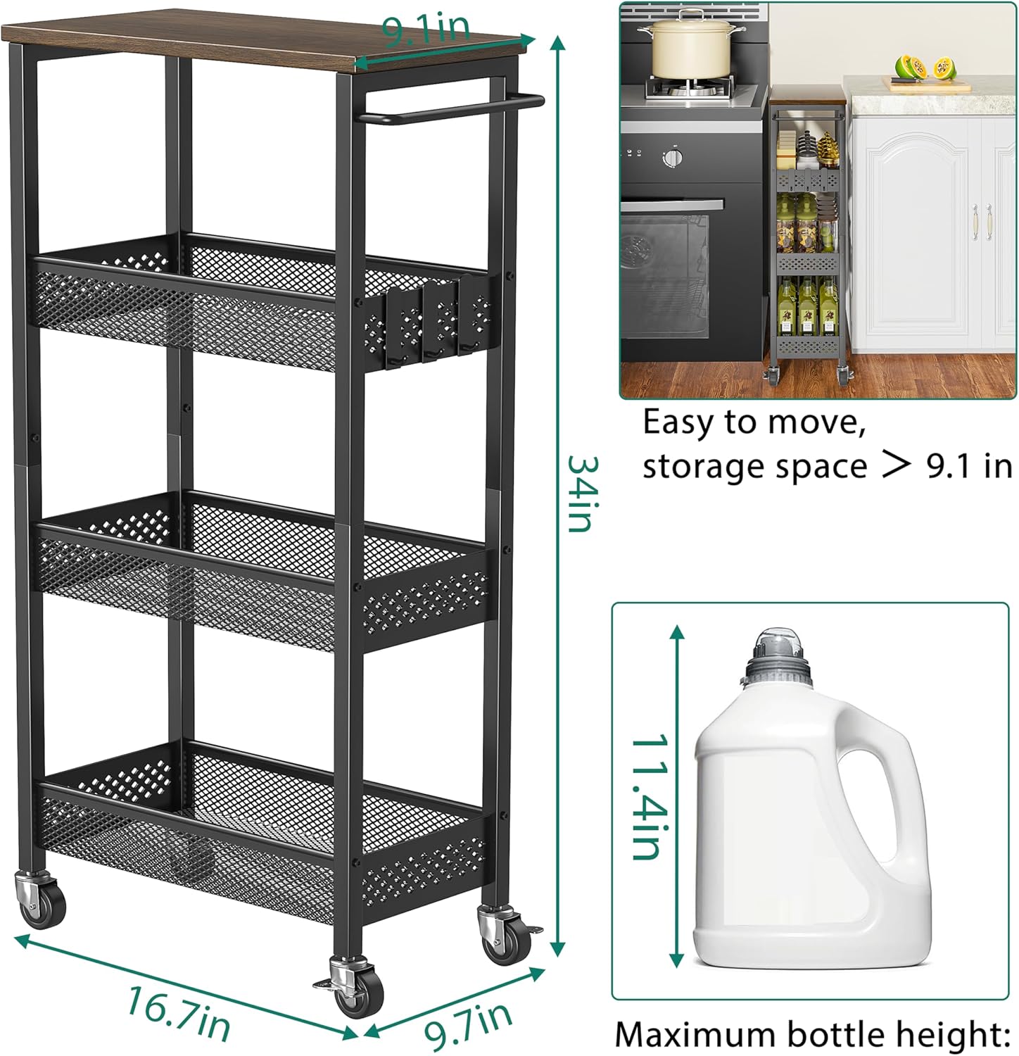 Slim Storage Cart 4 Tier Fruit and Vegetable Baskets for Kitchen Small Space, Narrow Laundry Cart on Wheels with Wooden Top and Metal Handle for Pantry, Bathroom, Laundry Room - Image 5