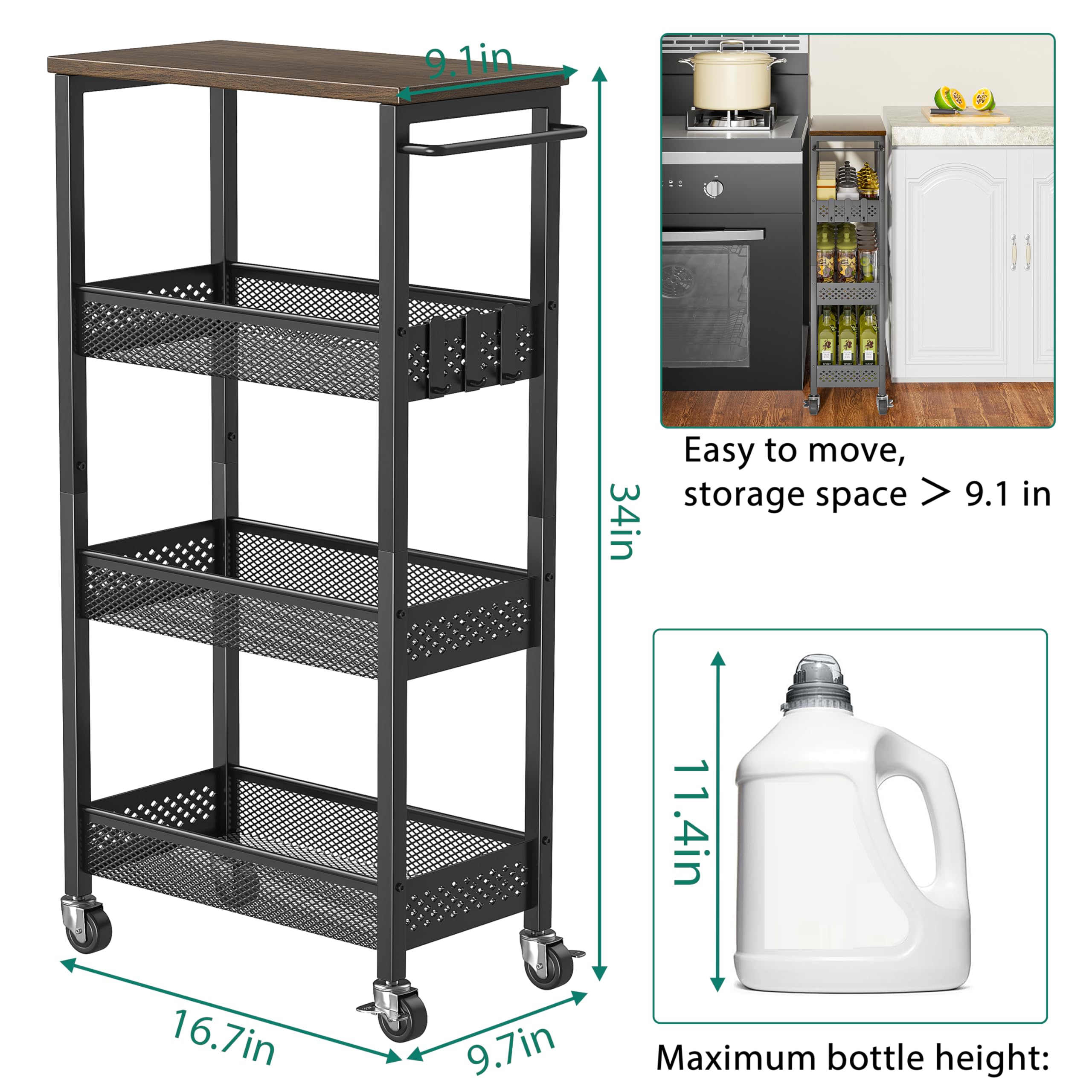 Carrello Portaoggetti Sottile 4 Ripiani Con Ruote - Organizzatore Per Cucina, Dispensa E Bagno - 4