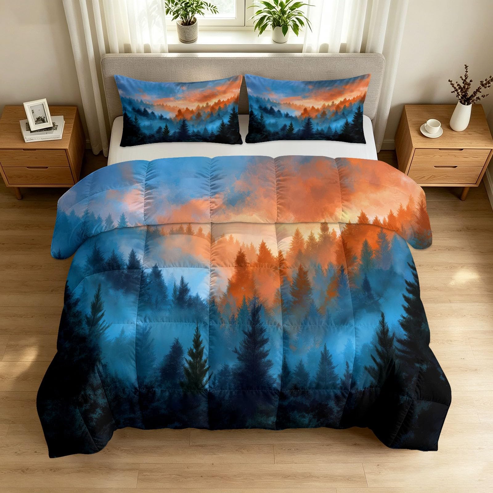 Piumino senza rivestimento, 155 x 220 cm, naturale con paesaggio digitale ad acquerello, reversibile, foresta nebbia per bambini, 4 stagioni, con 2 federe da 80 x 80 cm, morbida trapunta per tutto