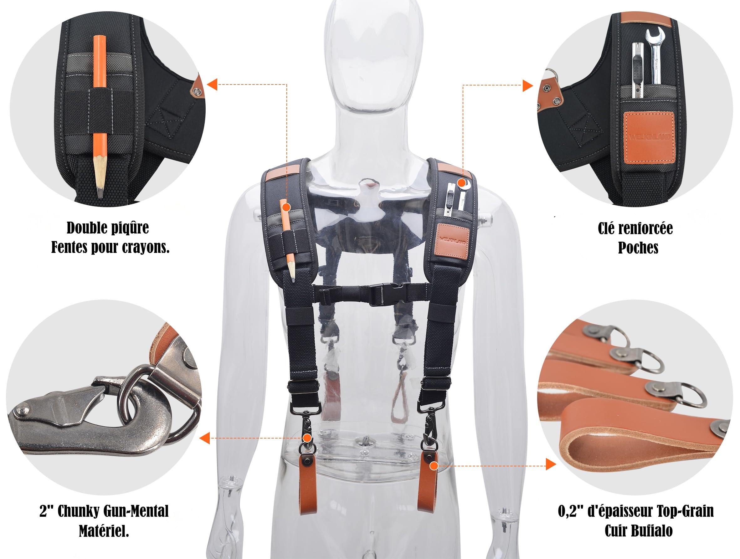 WELKINLAND Bretelles de ceinture à outils en cuir robuste, bretelles de sac à outils de charpentier, bretelles en cuir pour ceinture à outils, ceinture à outils de construction, bretelles de ceinture