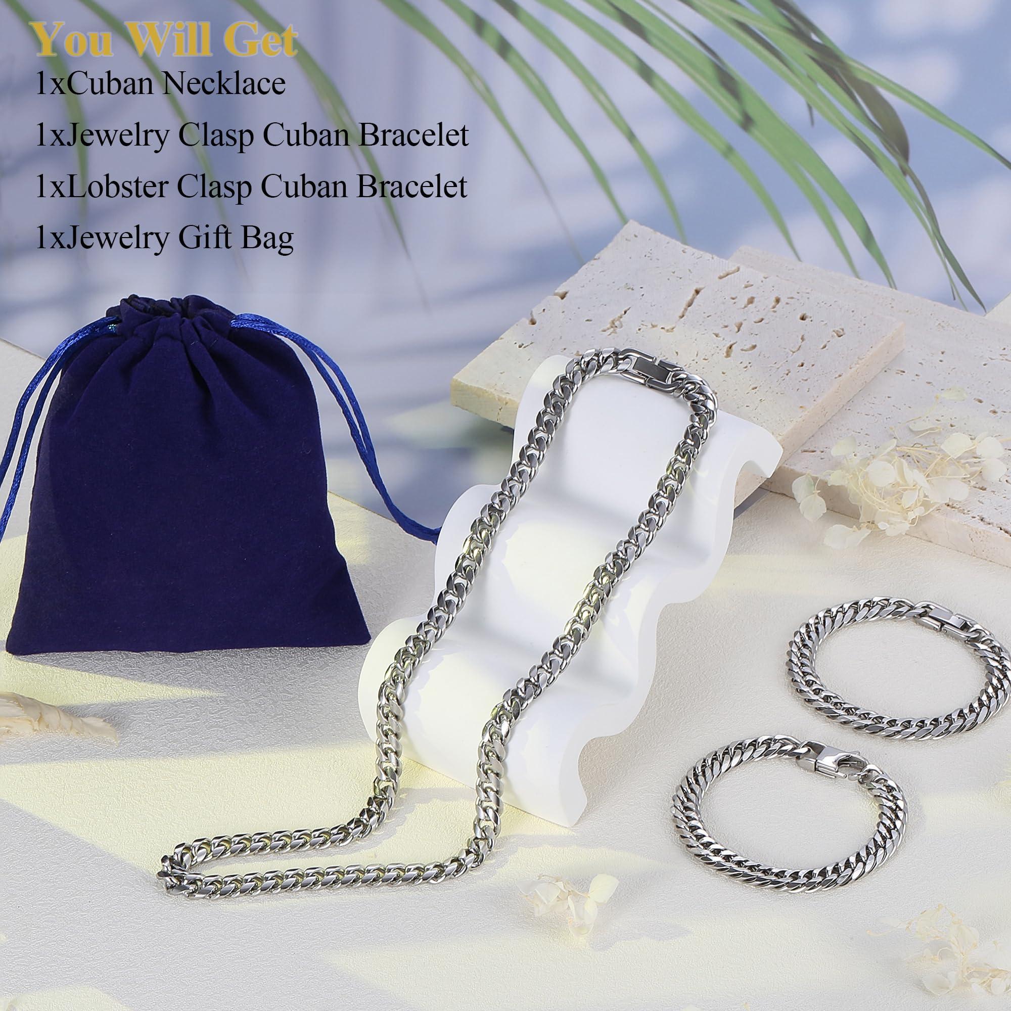 Juego de 3 pulseras de eslabones cubanos, cadena de eslabones cubanos de acero inoxidable 316L resistente para hombre, 8 mm, 7/8/9 pulgadas