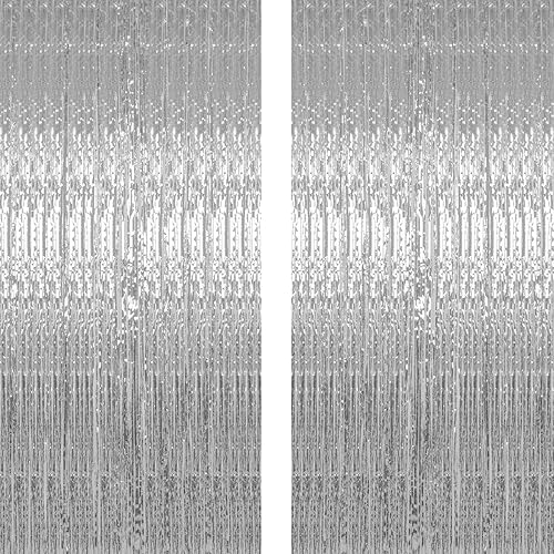 CCINEE Cortina de telón de fondo de flecos de papel de aluminio, cortina decorativa de oropel metálico plateado para fiesta de cumpleaños, paquete