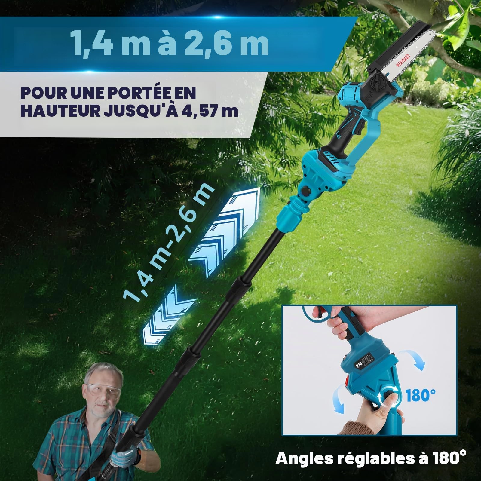 Mini tronçonneuse et Secateur Télescopique compatible avec Makita 18 V | sans batteries 4 en 1 Perche Élagueuse Secateur à Batterie sans fil avec Perche petite scie de verrouillage de sécurité