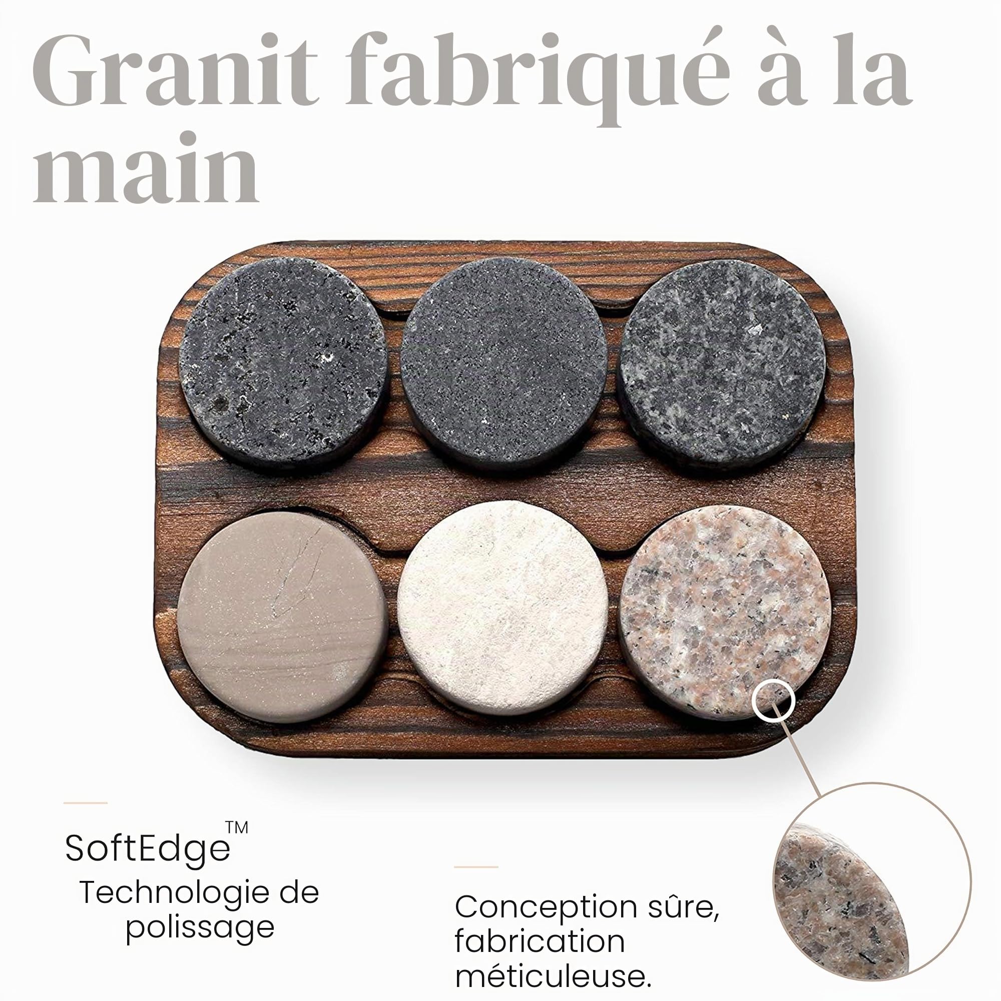Pierres à Whisky - Set de 6 Pierres Artisanales Rondes en Granit Naturel - Support de Présentation et Rangement en Bois - Parfait Cadeau par R.O.C.K.S.