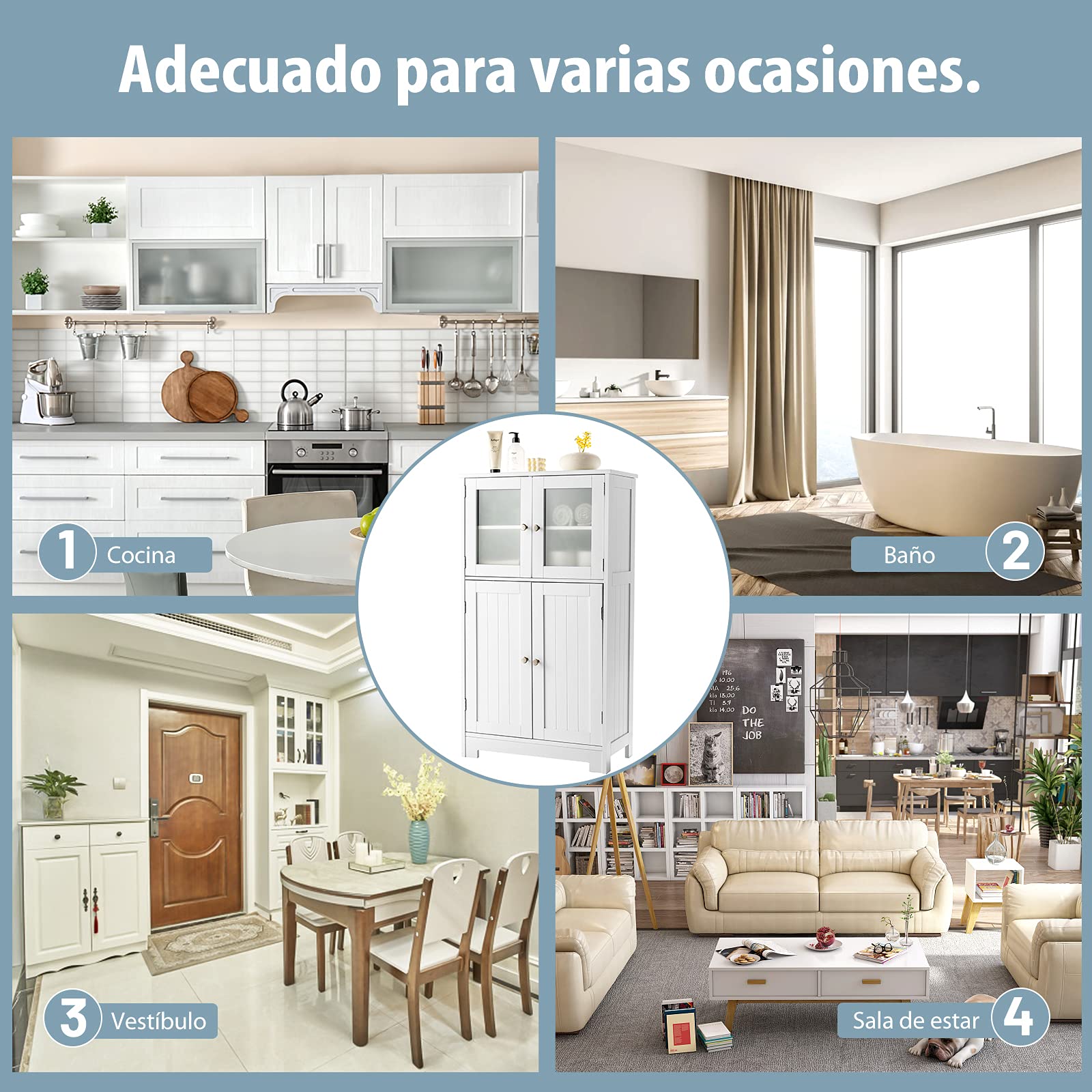 COSTWAY Armario del Baño con 4 Puertas, Armario con Puertas de Vidrio, Despenda de Madera para Cocina con Repisas Regulables, Organizador Multiuso para Casa Salón Oficina