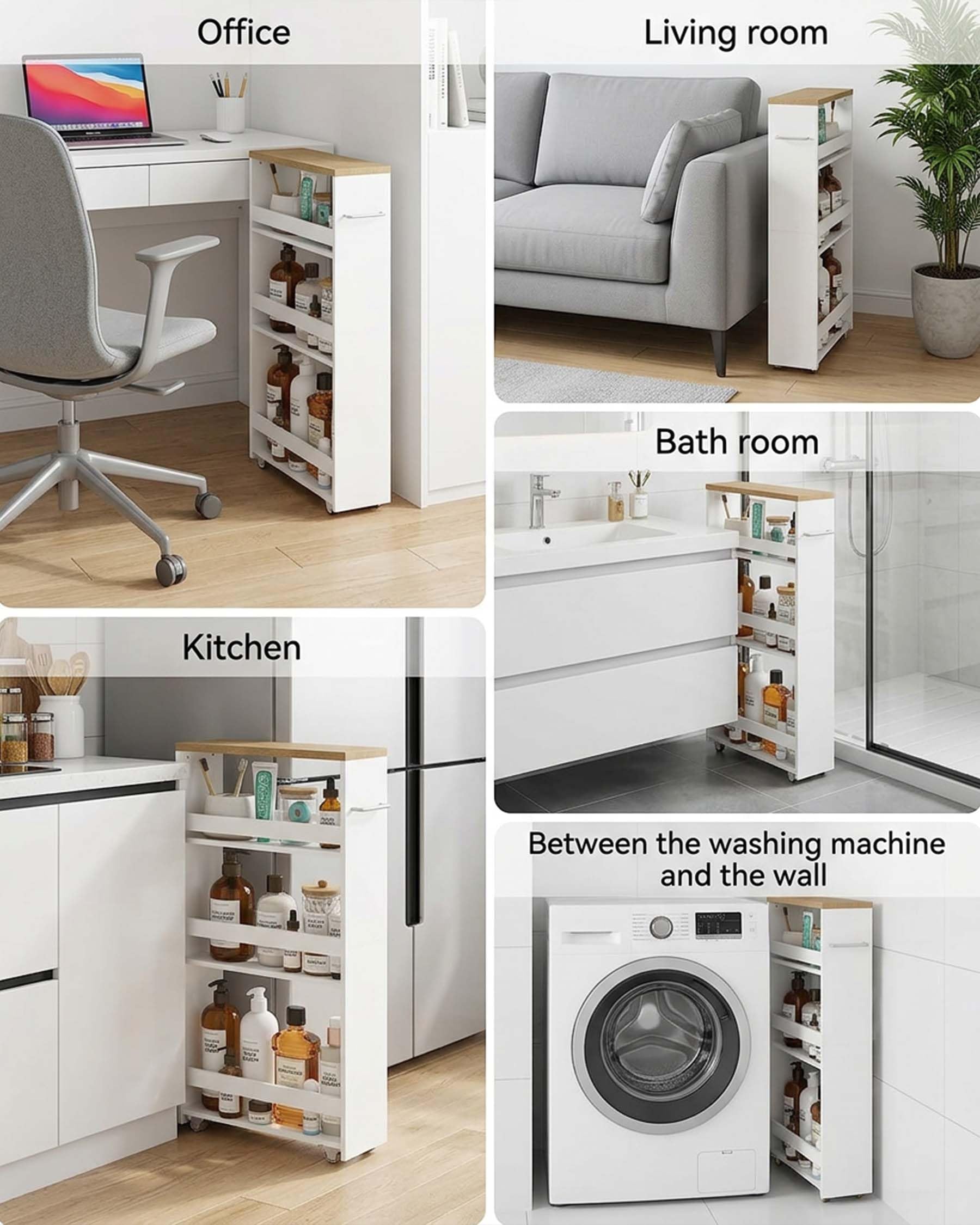 Chariot de Rangement étroit avec roulettes Blanc 40 x 14 x 80 cm pour Salle de Bain et Cuisine étagère Cuisine Salle de Bain Organisateur Meuble de Rangement 3 Niveaux Espace étroit