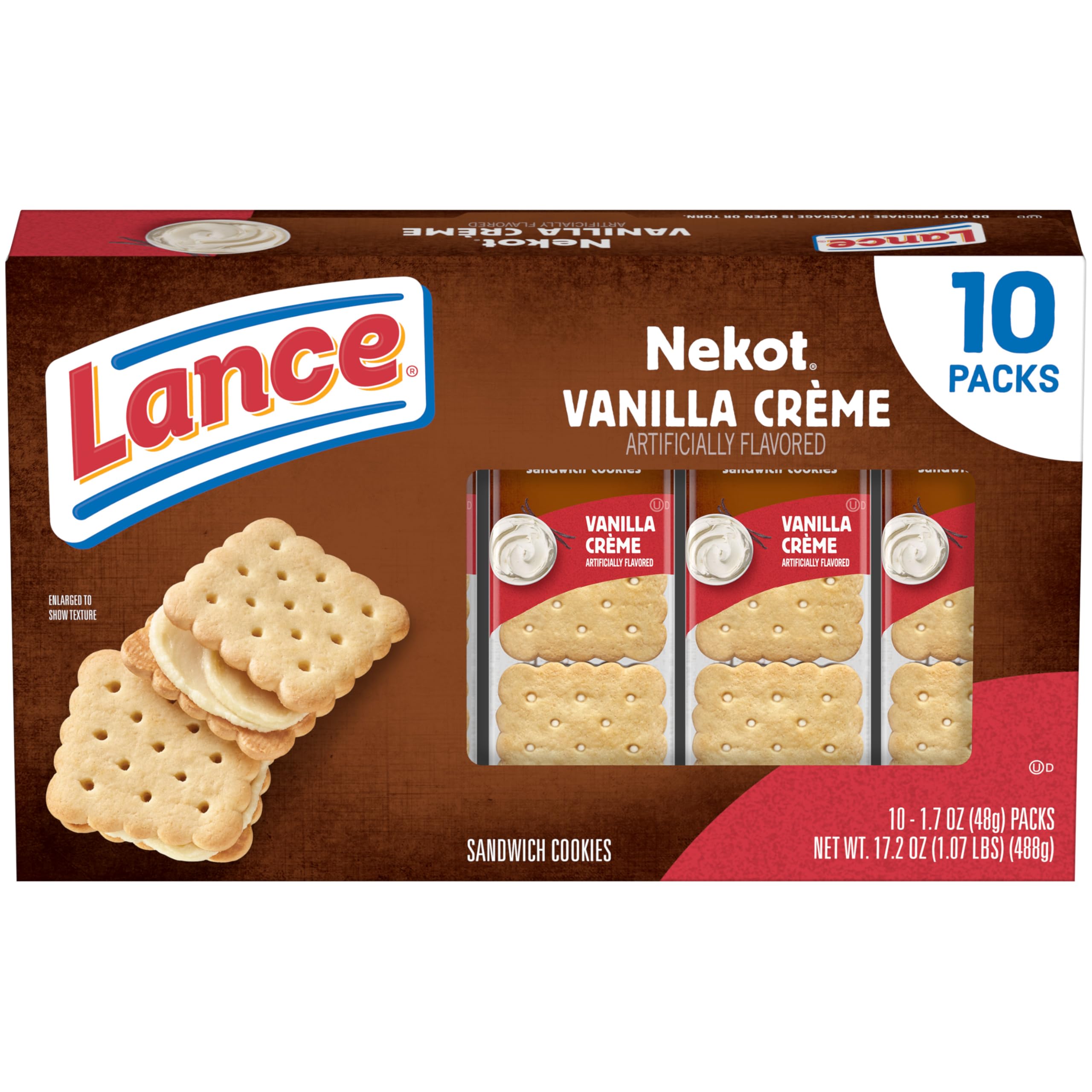 Sandwich Cookies, Nekot Vanilla Creme, 10 Individually Wrapped Packs, 6 Sandwiches Each