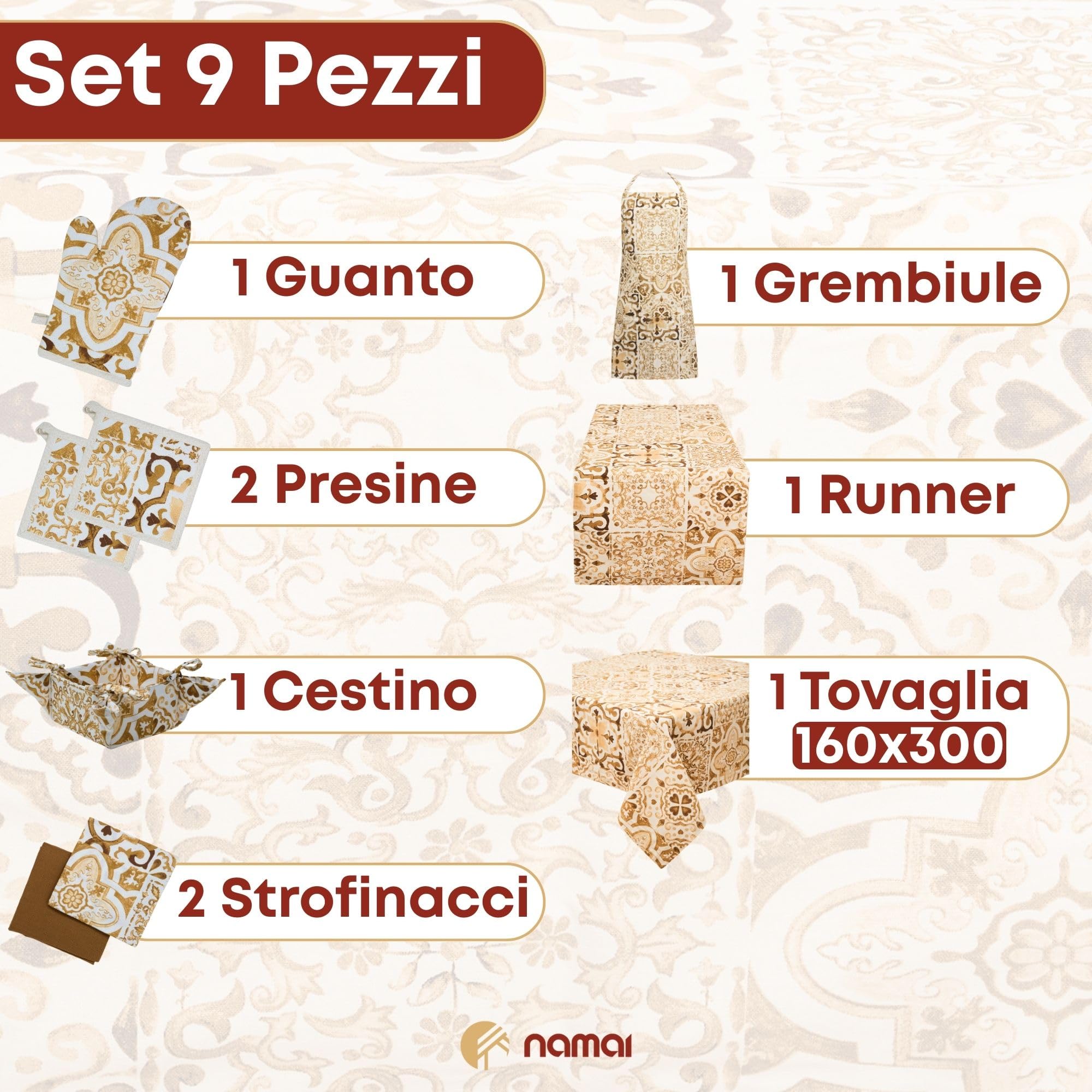 NAMAI - Set 9 Pezzi Excalibur, 100% Cotone, Lavabili in Lavatrice, Resistenti al Calore, Tovaglia Cotone 160x300, Runner Tavolo, Set Presine da Cucina e Strofinacci (Set Con Tovaglia 160x300)