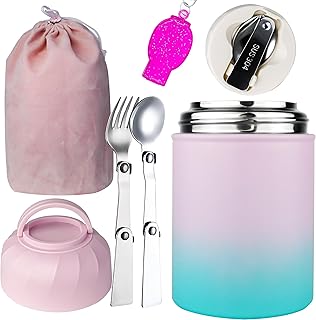 Thermos for Hot Food & Drinks, Thermos Lunch Box for Kids, 17oz Vacuum Insulated Food Container with Spoon&&Drawstring Bag, Soup Thermos for Adults, Pink&Green