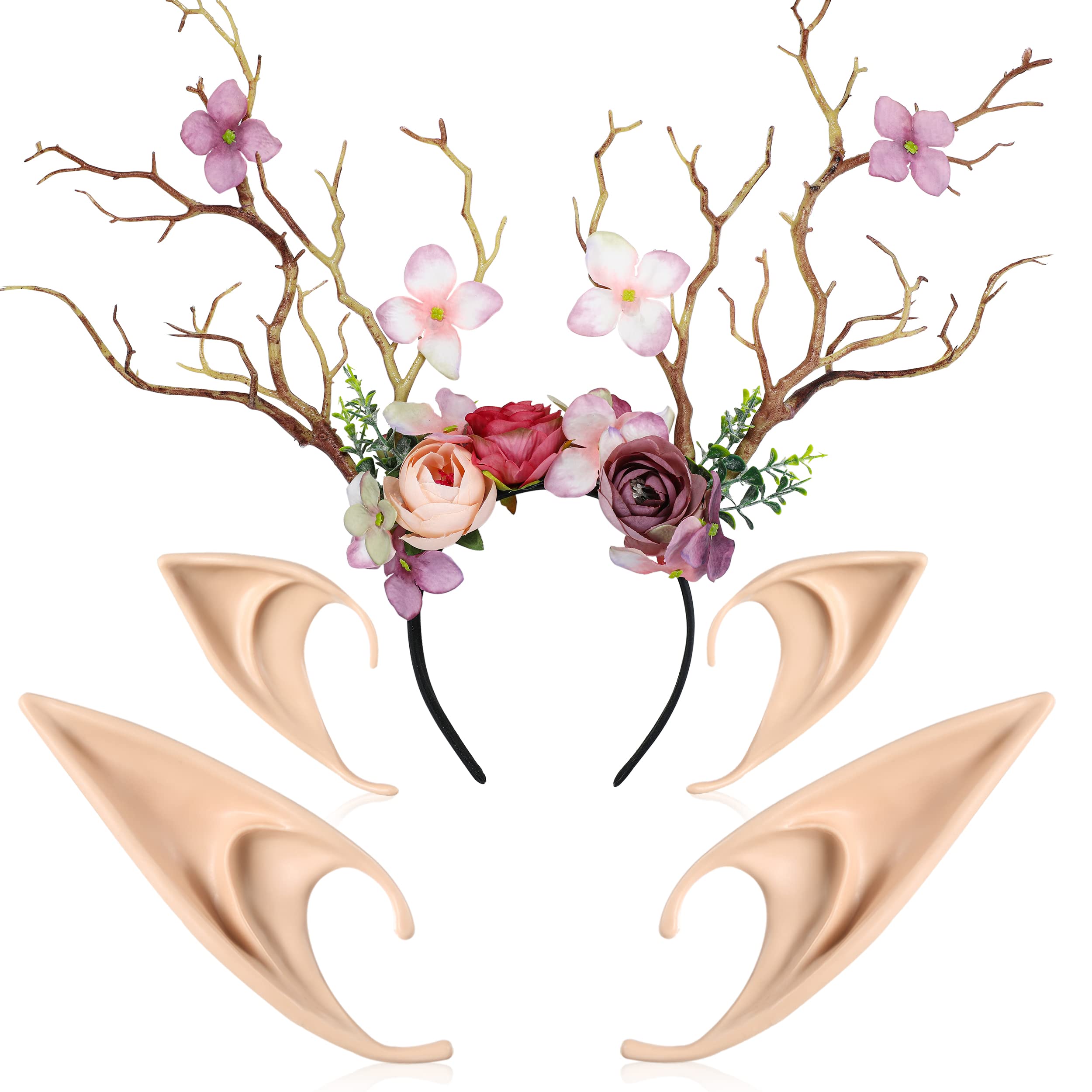 FRESHME Renaissance Elf Ears with Antlers Headbands - Forest Reindeer Flower Crown Pink Branches Tree Tiara and Fairy Pointy Ears for Women s