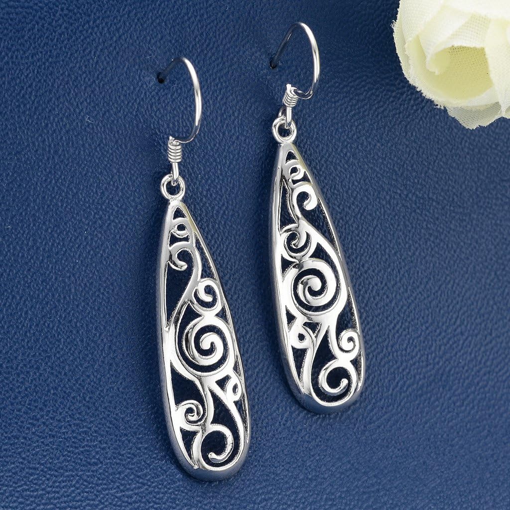 EVER FAITH Women's 925 Sterling Silver 1.8 Inch Simple Open Filigree Tear Drop Hook Dangle Earrings - Image 3