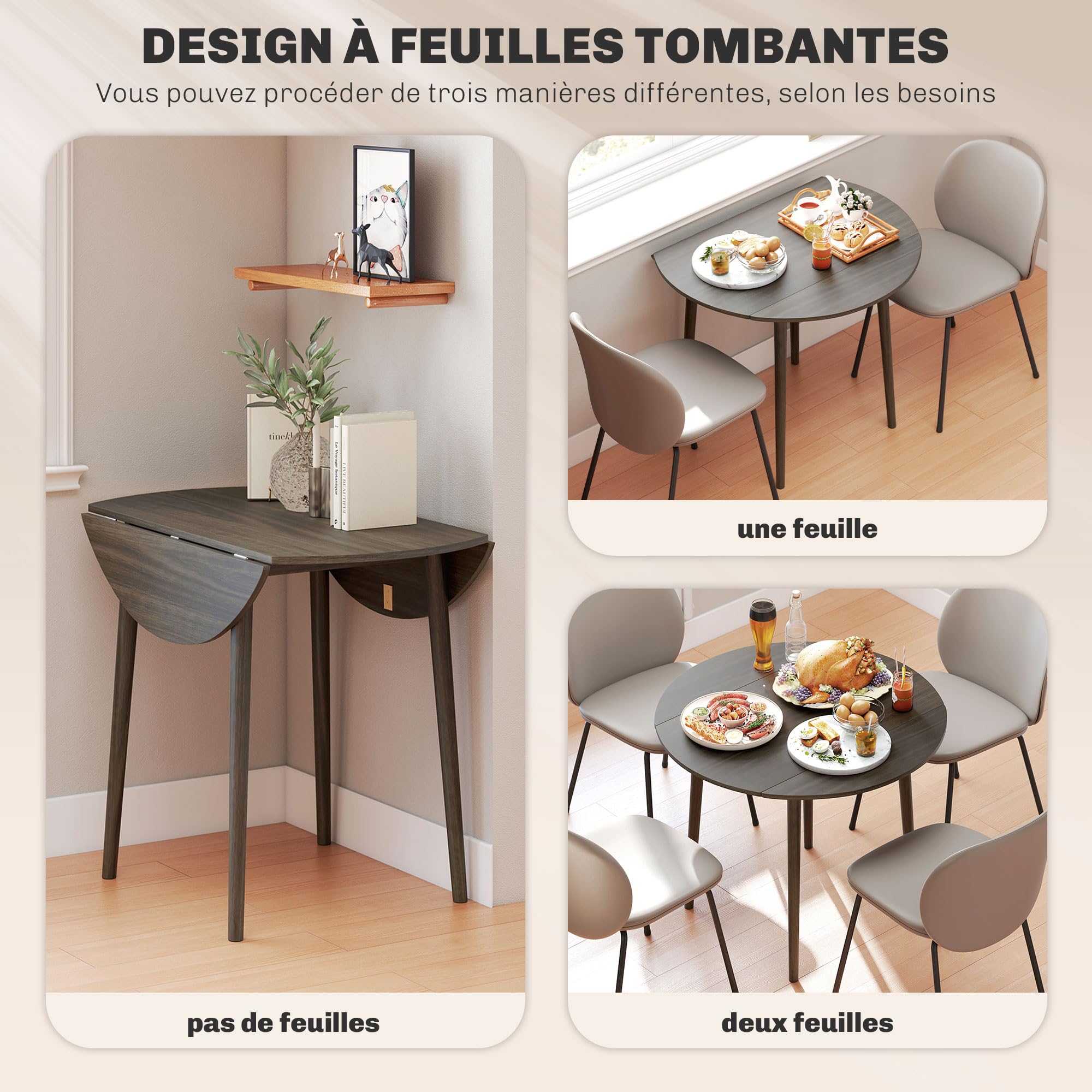 HOMCOM Table à Manger Pliante Ronde 4 Personnes 2 Abattants Ø 89 cm Gris