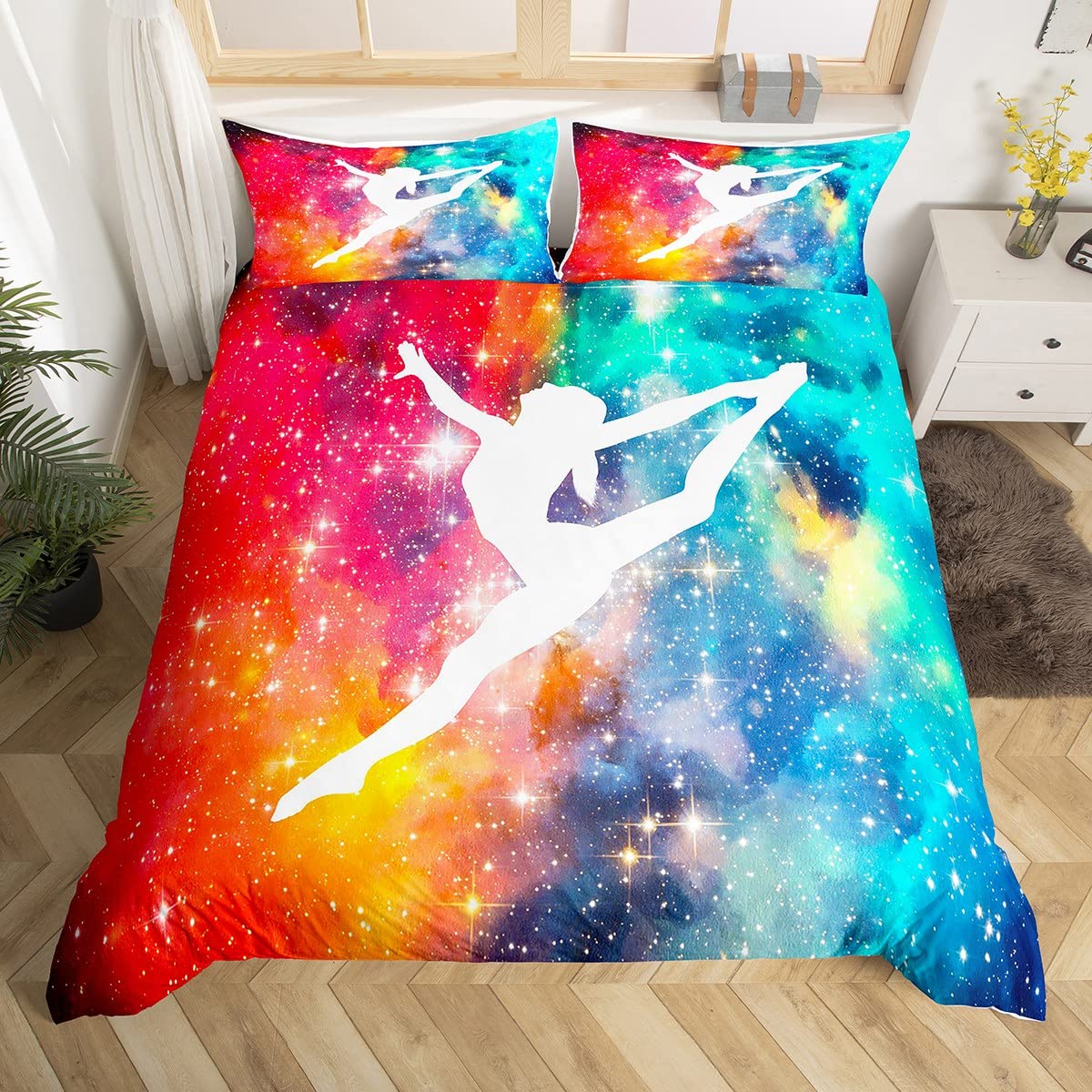 Homewish Gymnastics Lovers Duvet Cover Single Size Gymnast Sports Bedding Set Starry Sky Outer Space Comforter Cover Gymnastics Silhouette Quilt Cover Gymnast Gifts For Girls Teens Women Red Blue