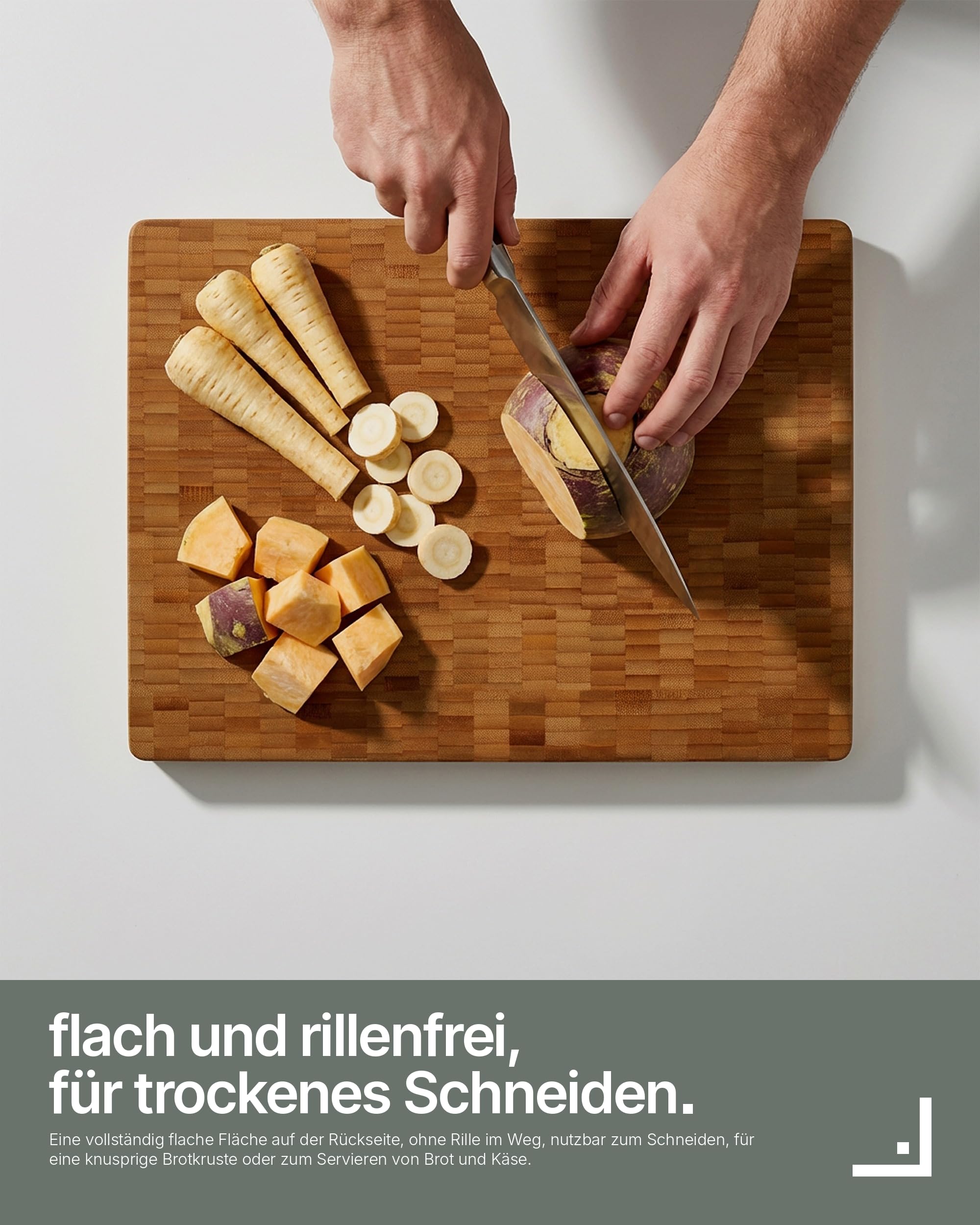LARHN Stirnholz Hackblock Bambus massiv - 40x30x4 cm - Schneidebrett Holz | Messerschonend, Saftrille, Griff, vorgeölt, wendbar, plastikfrei, für Fleisch, Gemüse, Brot, Käse & Wurst
