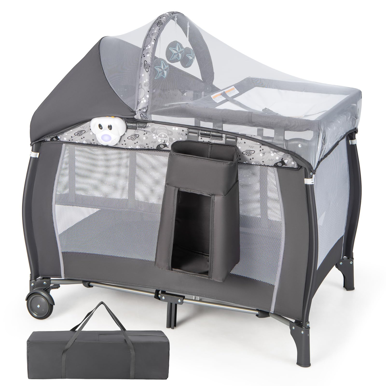 RELAX4LIFE 4 in 1 Lettino da Campeggio con Materasso per Bambini, Culla da Viaggio per Neonati con Fasciatoio, Baldacchino Retrattile con Zanzariera, Adatto a Bambini da 0 a 36 Mesi (Grigio, Stile 2)