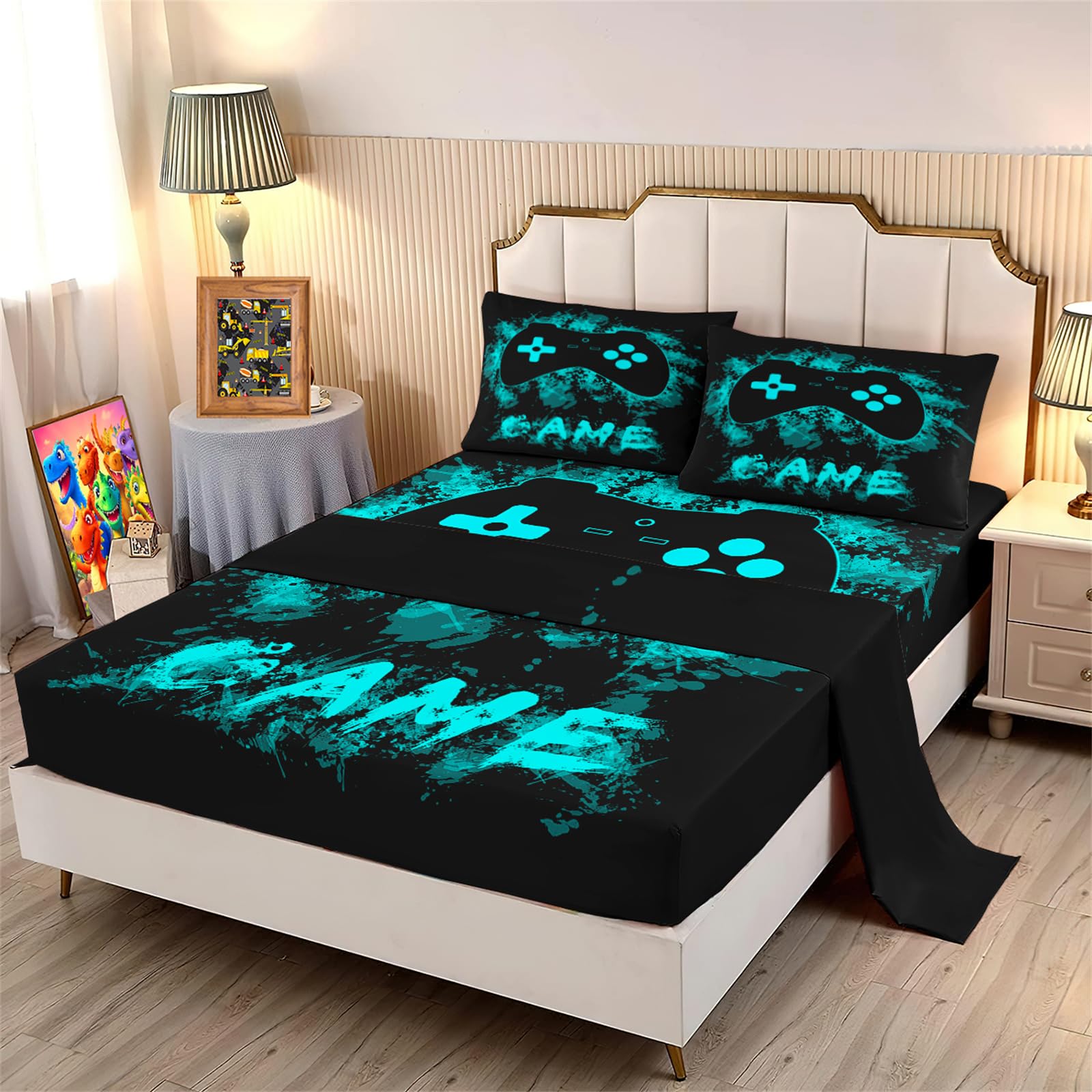 Gaming Fitted Sheet - 4PCS Gamer Sheet Set Game Controller Fitted Sheet Video Games Bedding Set Full Size Bedding Set Gaming Flat Sheet for Kids Room