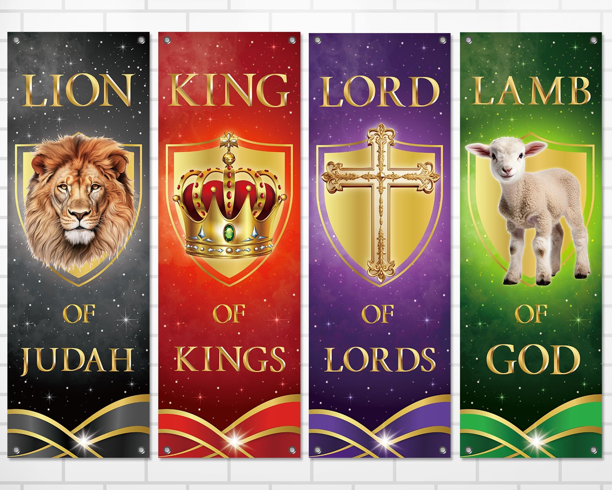 4Pcs Church Banners for Sanctuary Wall Welcome Religious Christmas Banners Hanging Backdrop Lion King Lord Lamb Church Banner Scripture Christmas