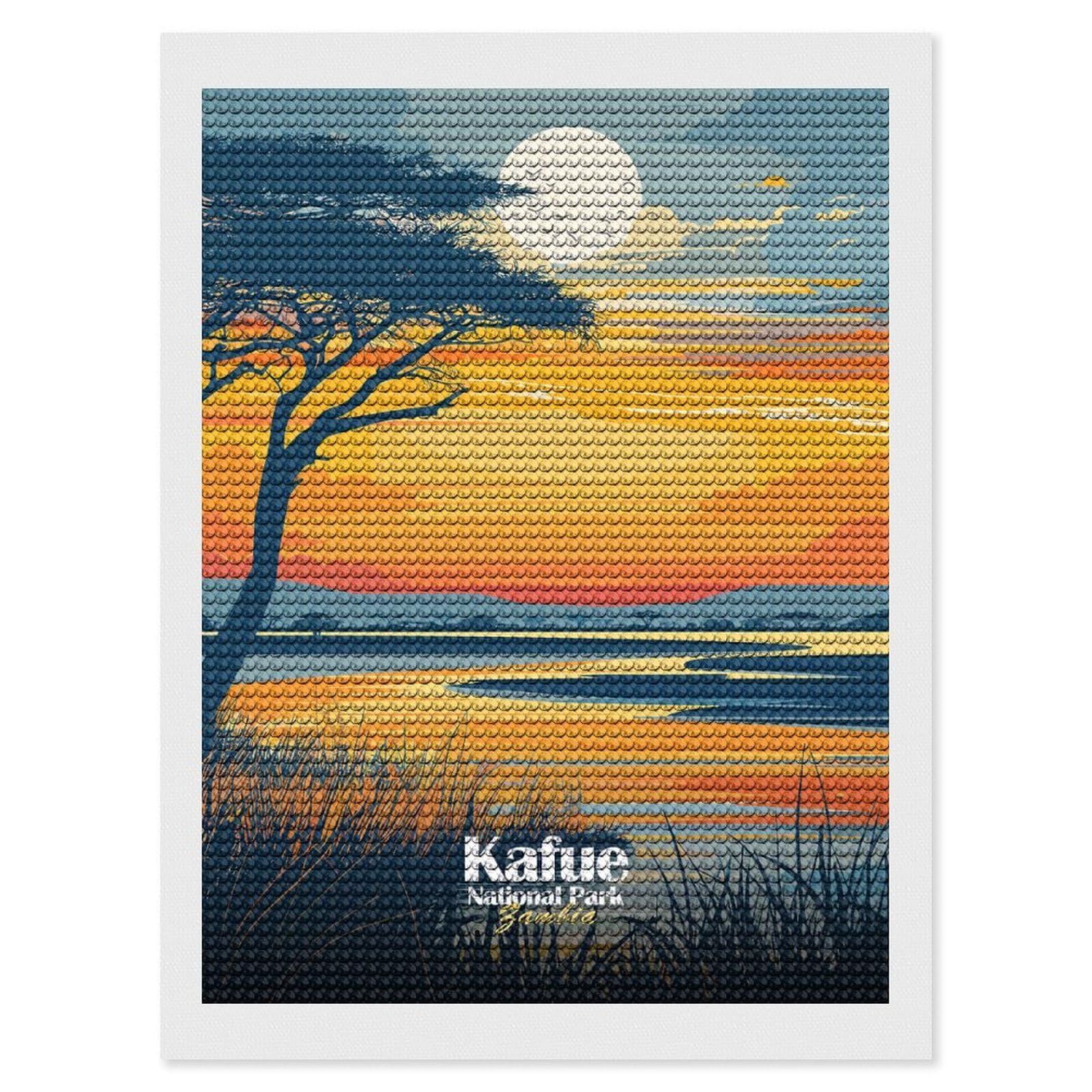 Junmoney Kafue National Park Zambia Illustration DIY Diamond Art Canvas Kit 12"x16", Farmhouse Decor, Vintage Style Decor, Handmade Wall Decor, Canvas Picture