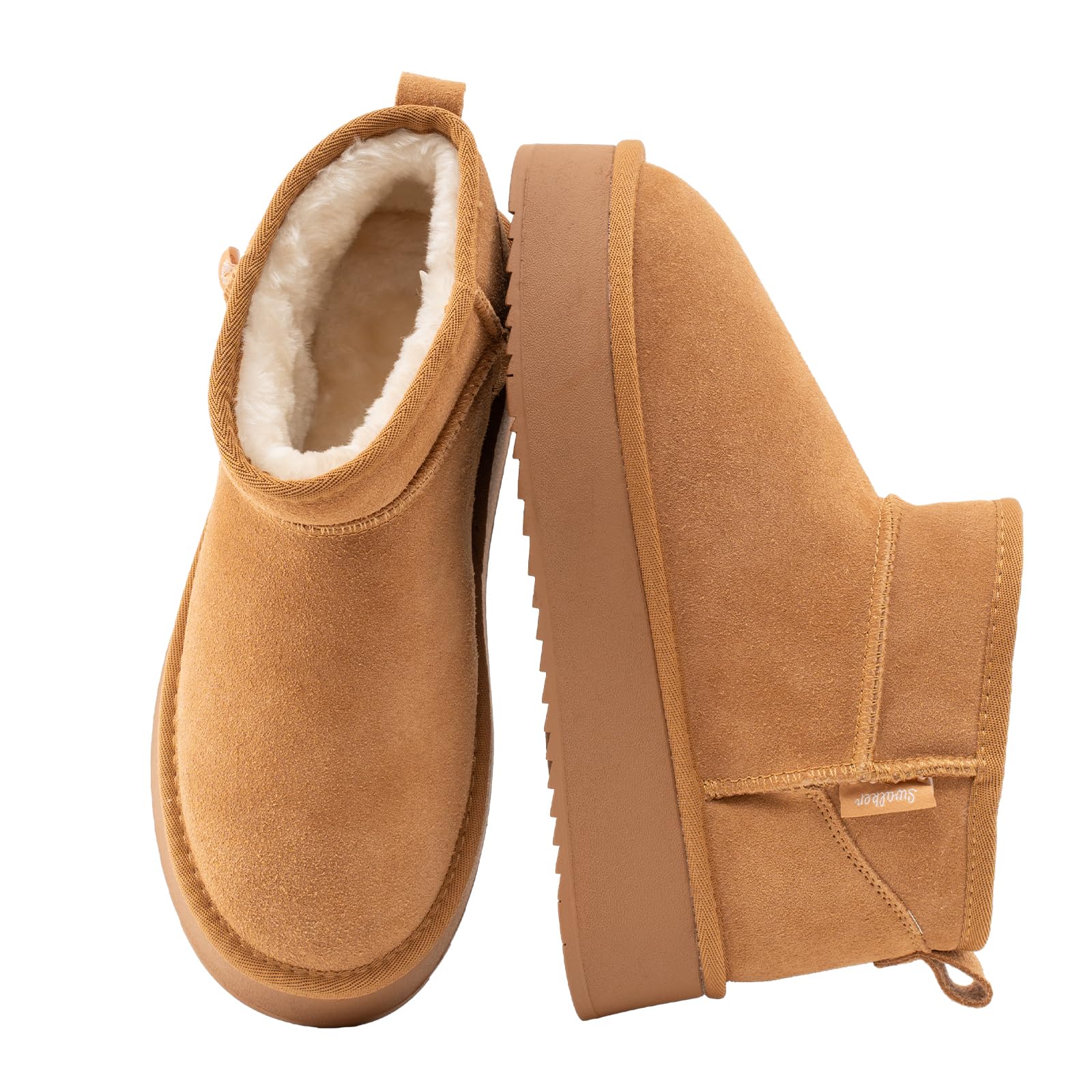 Swalker Snow Boots for Women Suede Faux Fur Lining Anti-Slip Warm Winter Booties Slip Comfort Ankle Boots Fuzzy