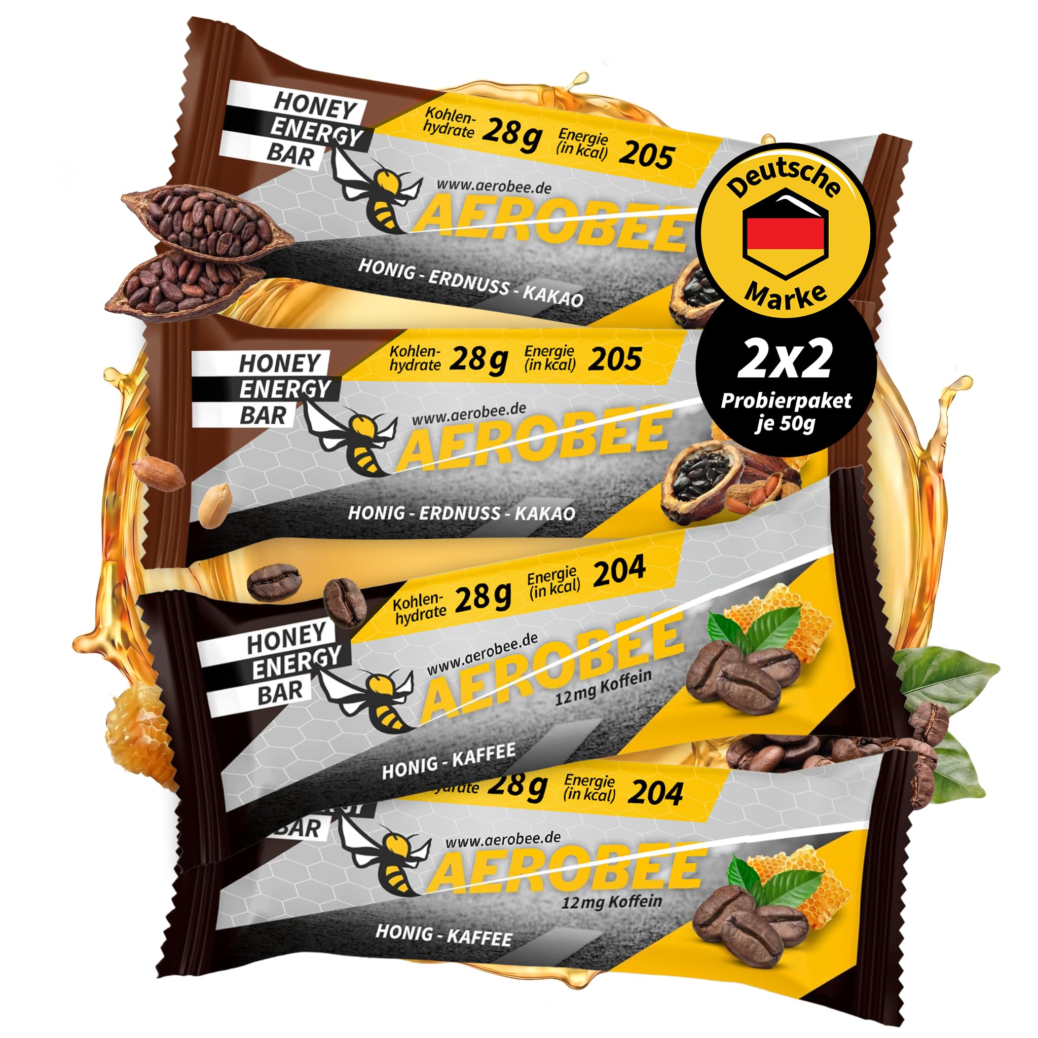 AEROBEE Energieriegel Probierpaket – 2x Honig, Erdnuss & Kakao + 2x Honig & Kaffee (12 mg Koffein) – Haferriegel ohne Zuckerzusatz – Natürlicher Powerriegel für Sport, Wandern & Büro – 4 x 50 g