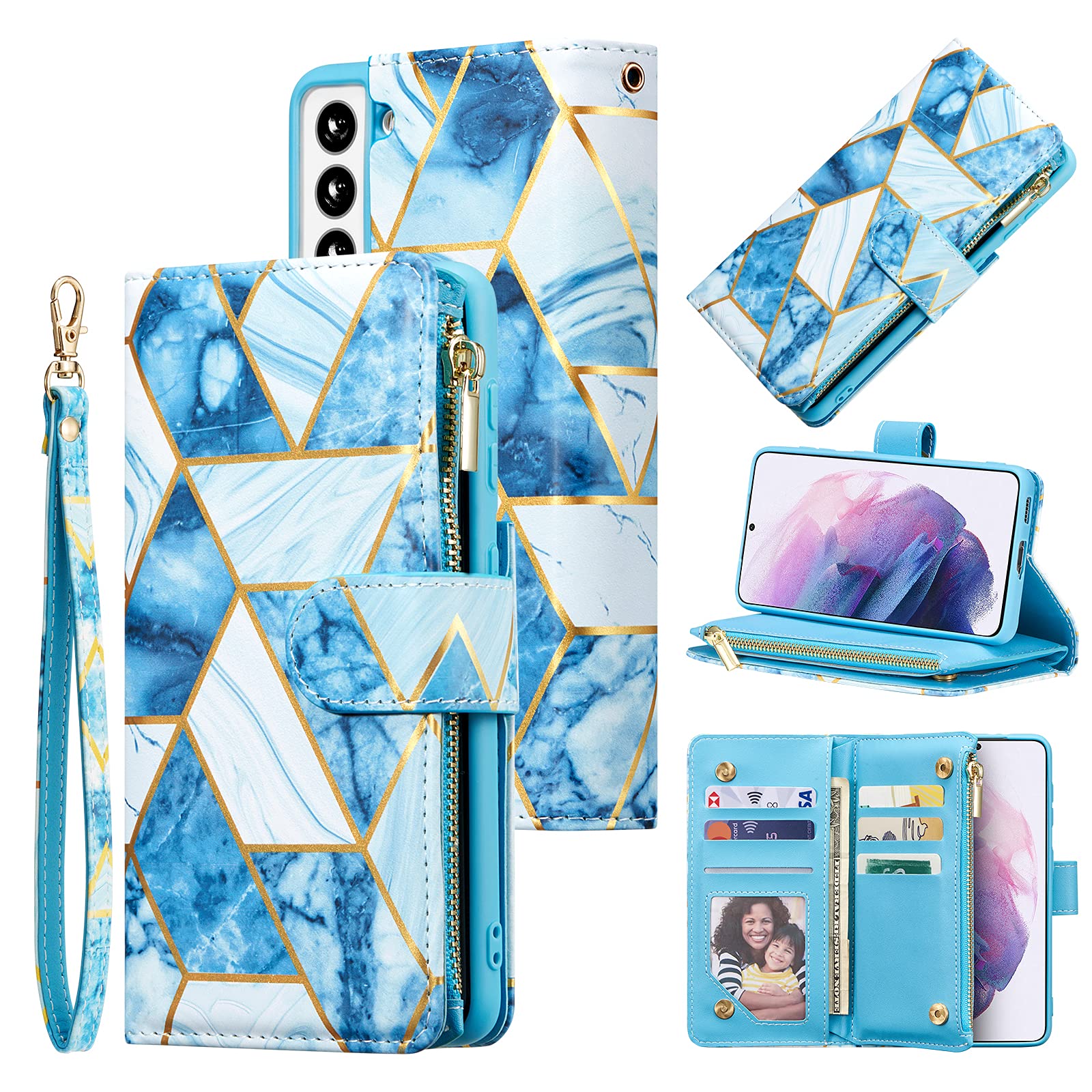 UEEBAI Wallet Case for Samsung Galaxy S21 Plus 5G, PU Leather Case Magnetic Closure Handbag Zipper Pocket Case Kickstand Card Slots with Hand Strap