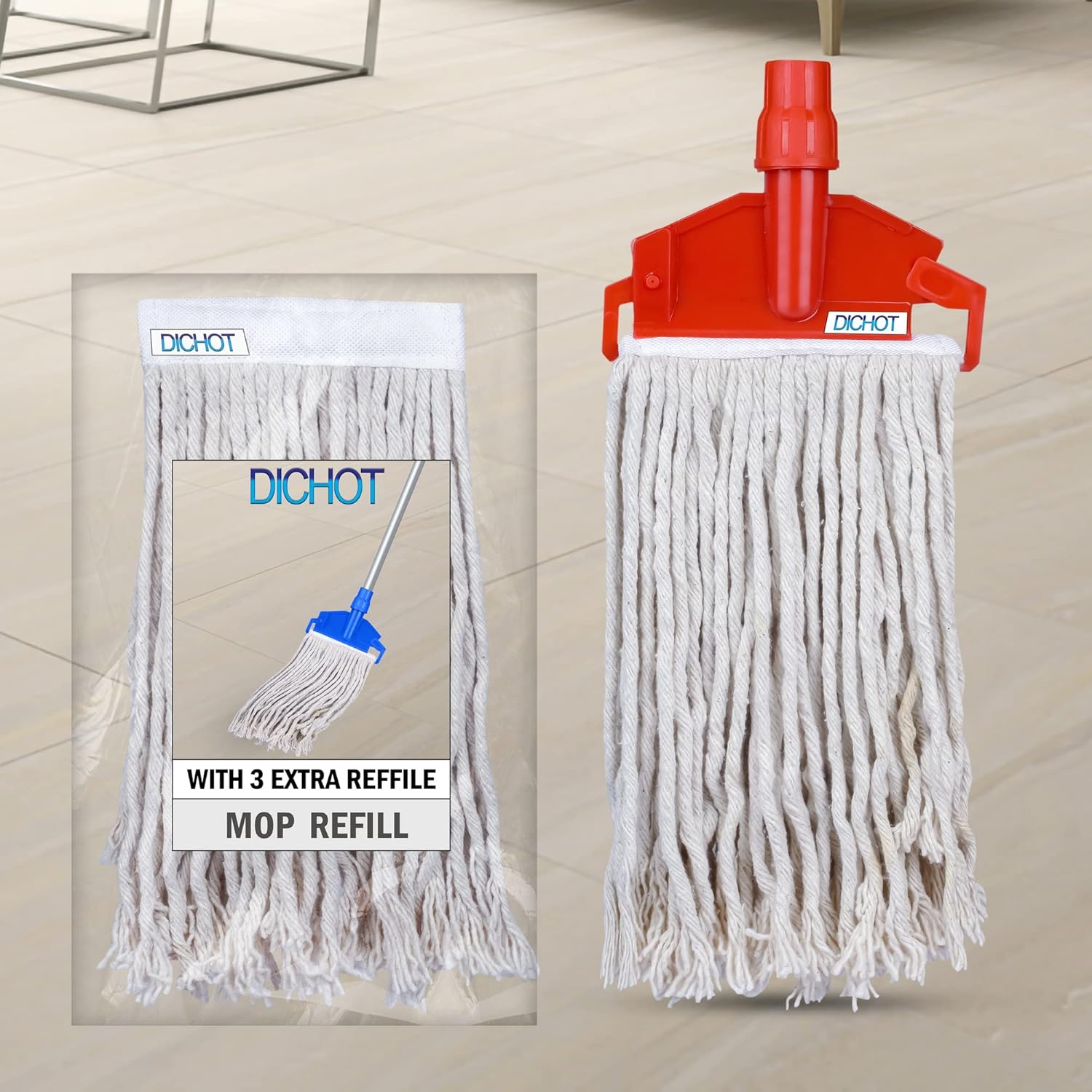 Wet Mop Refill 300 GM with Clip and Check Duster Cloth, (RED) (Pack of 4)