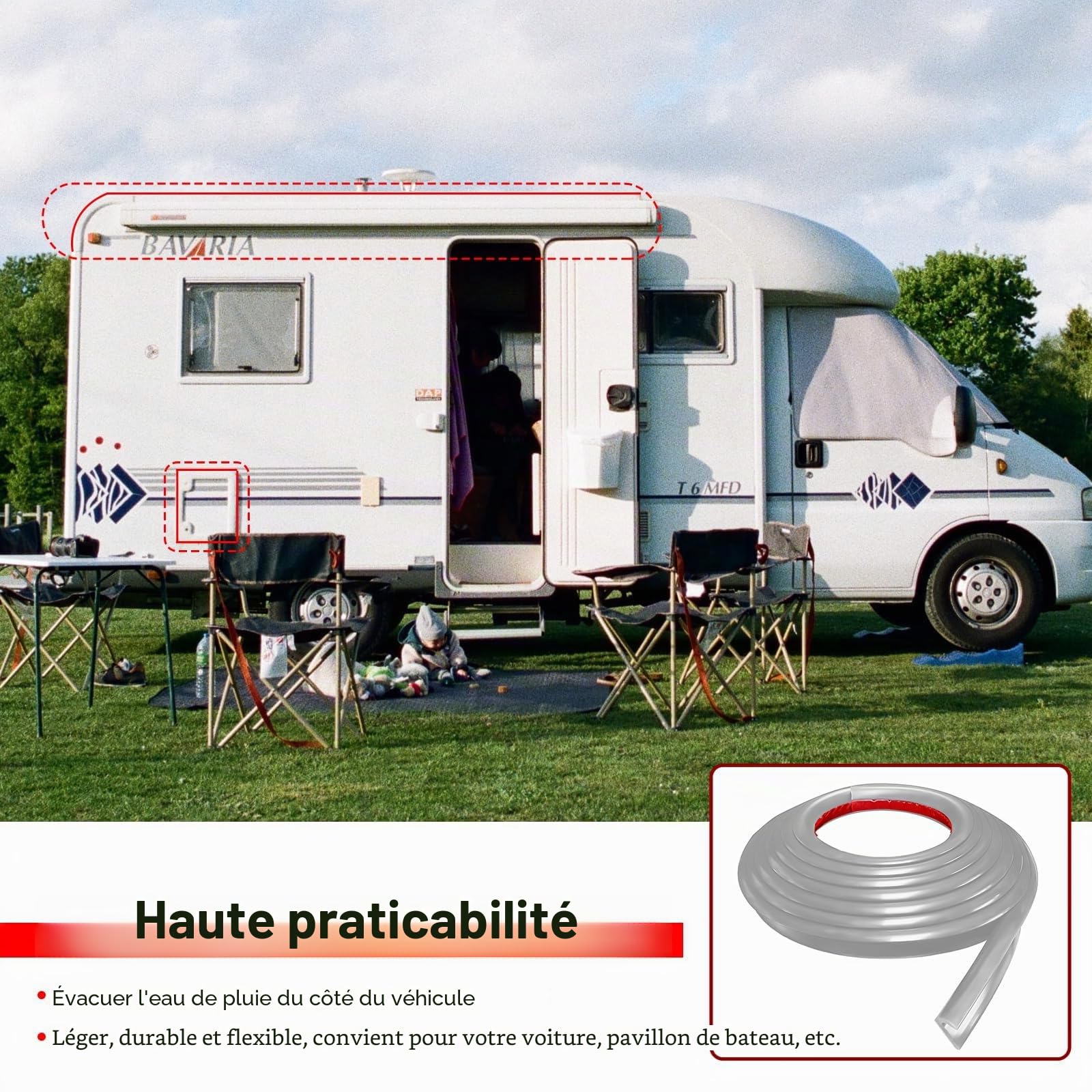 Gouttière de Pluie en Forme de J pour Camping-car, Adhésive au Dos, Gouttes de Pluie Convient pour tous les types de voitures, camions, camping-cars et yachts (Gris, 5M)