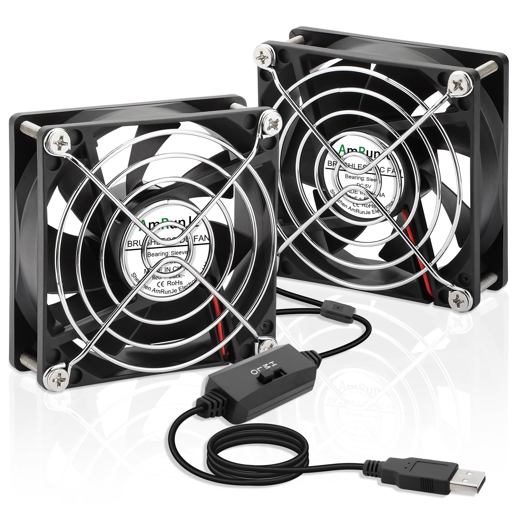 AmRunJe 80mm x 25mm USB Fan 2 Packs 5V Small Computer Case Fan with Speed Control for CPU Xbox PlayStation Router Entertainment Cabinet 3D Printer