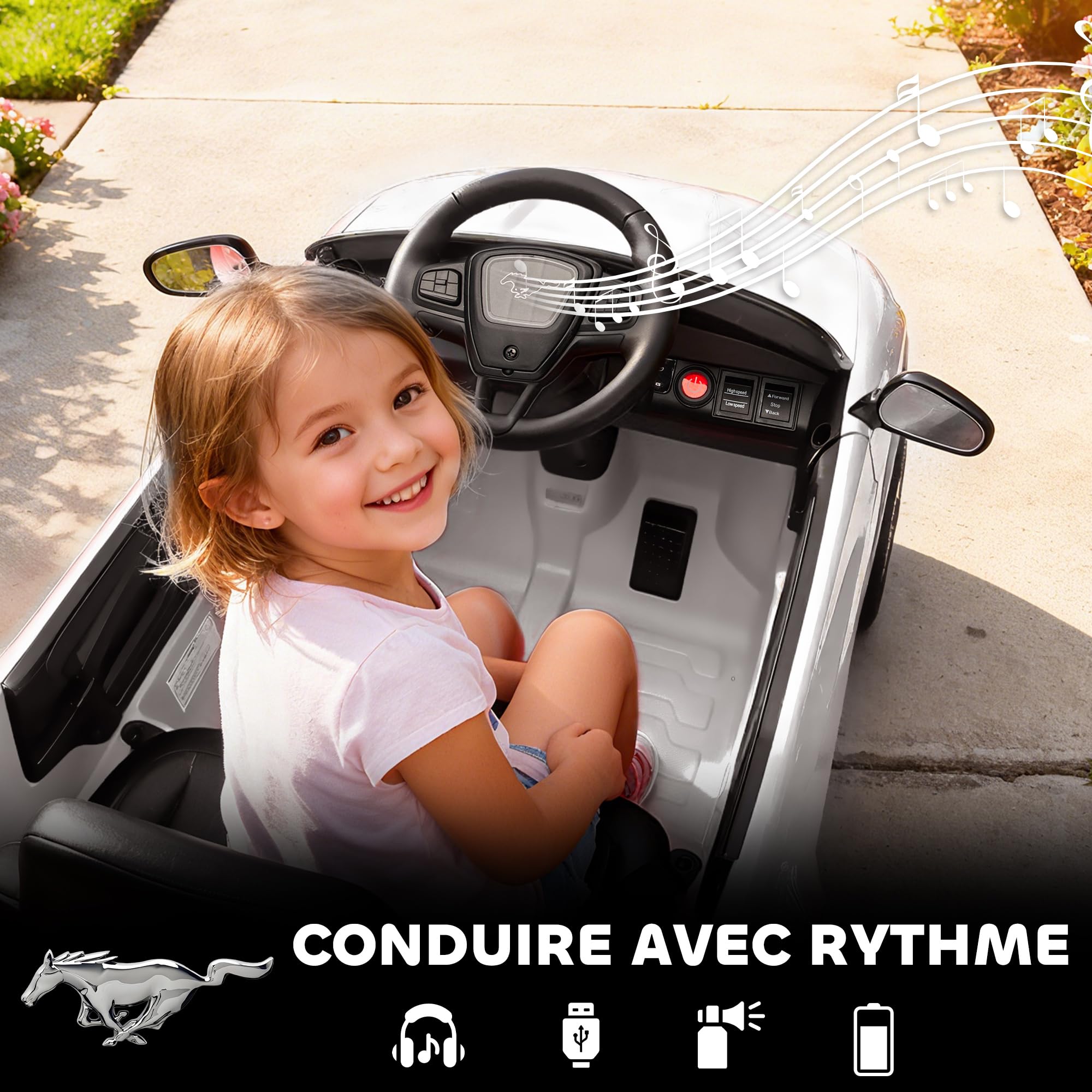 AIYAPLAY Voiture Électrique Enfant Ford Mustang Mach-E 12V Blanc | Véhicule Électrique, Télécommande 2,4G, 2 Moteurs 25W, Démarrage Progressif, Phares LED, Musique, Port USB/Bluetooth