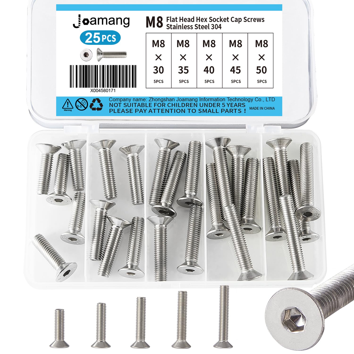 Joamang M8 x 30mm 35mm 40mm 45mm 50mm Flat Head Hex Socket Cap Screws Countersunk Bolts, Stainless Steel 304, Metric Allen Drive, Bright Finish, Fully