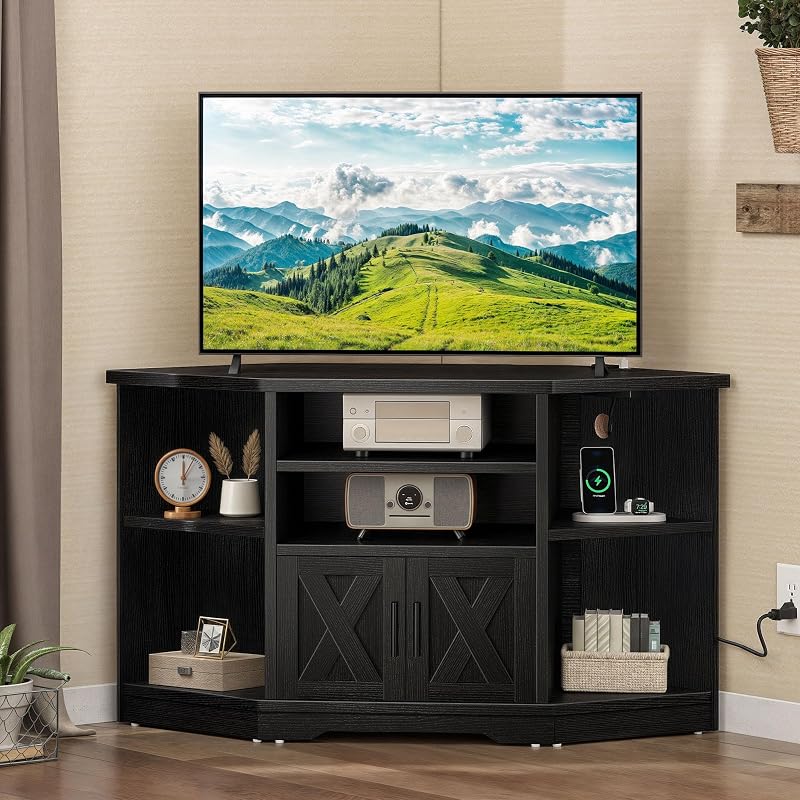 YITAHOME Corner Farmhouse TV Stand with Power Outlets, Living Room, Black image 5