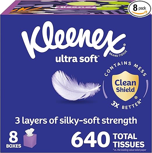 Kleenex Ultra Soft Facial Tissues, 8 Cube Boxes, 80 Tissues per Box, 3-Ply, Packaging May Vary