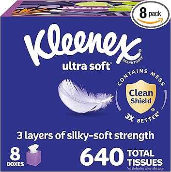 Kleenex Ultra Soft Facial Tissues, 8 Cube Boxes, 80 Tissues per Box, 3-Ply, Packaging May Vary